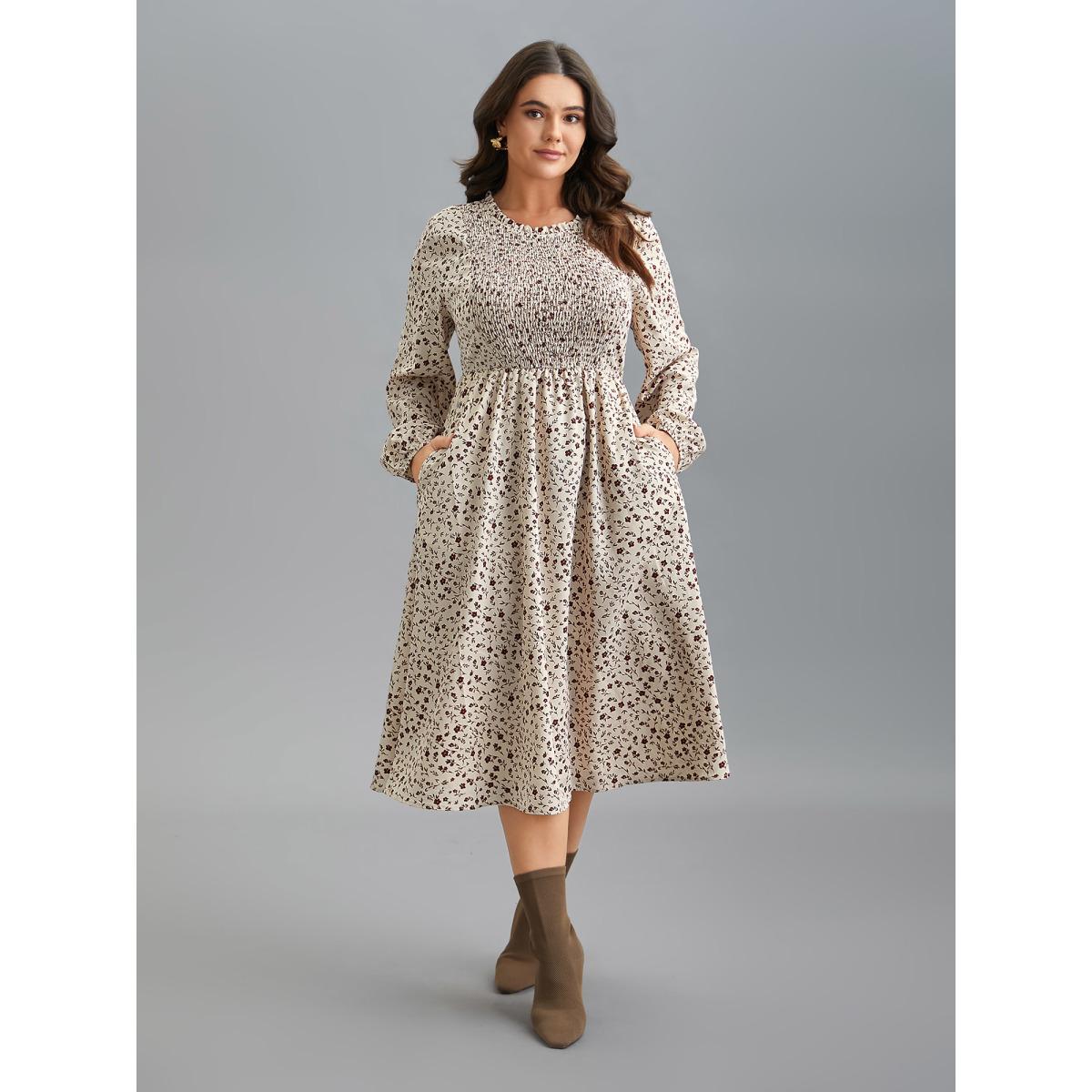 Plus Size Stretchy-Waist Printed Pockets Midi Dress Apricot Women Elegant Frill Trim Round Neck Long Sleeve Curvy BloomChic 22-24/3X Product Image