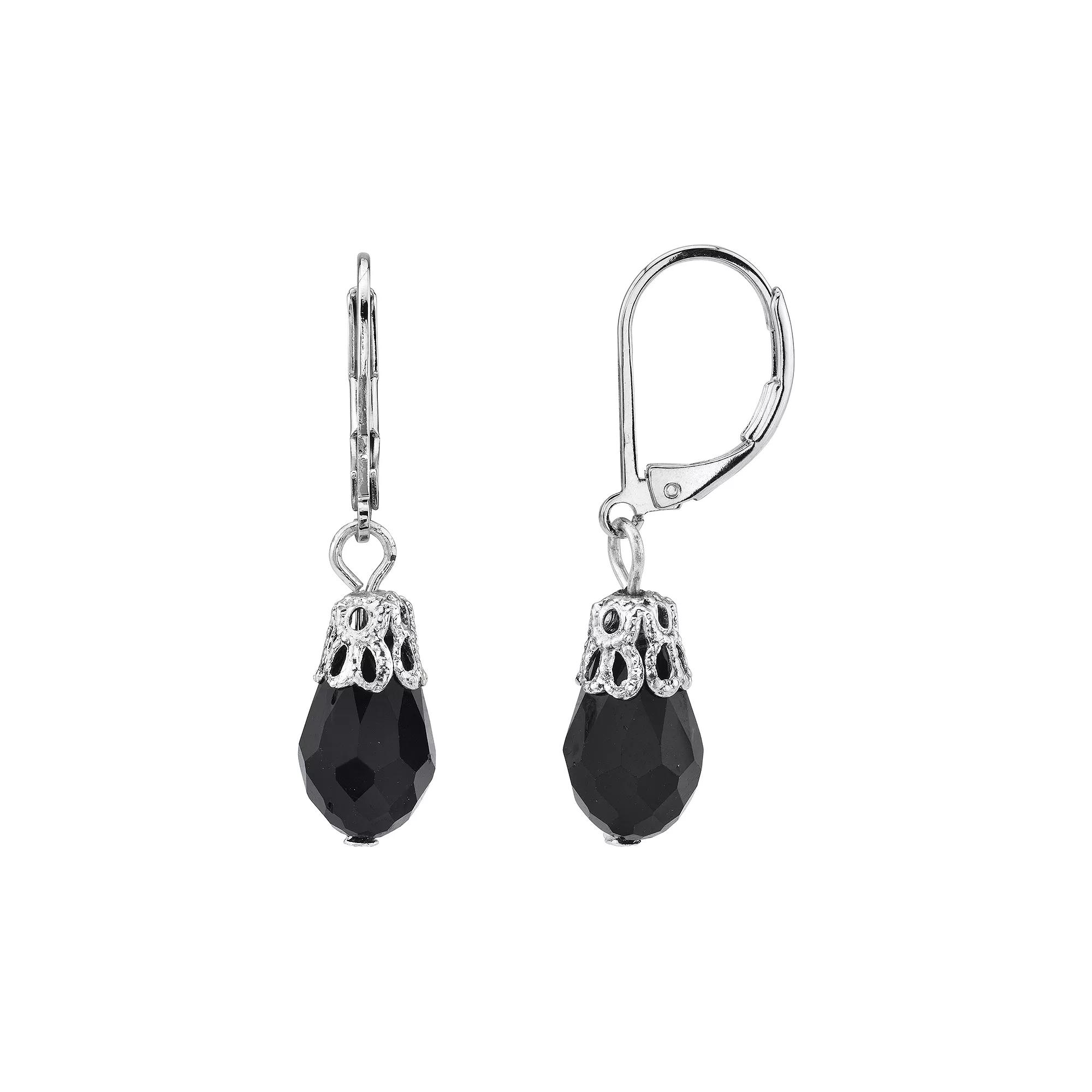1928 Silver Tone Black Simulated Crystal Filigree Drop Earrings, Women's Product Image