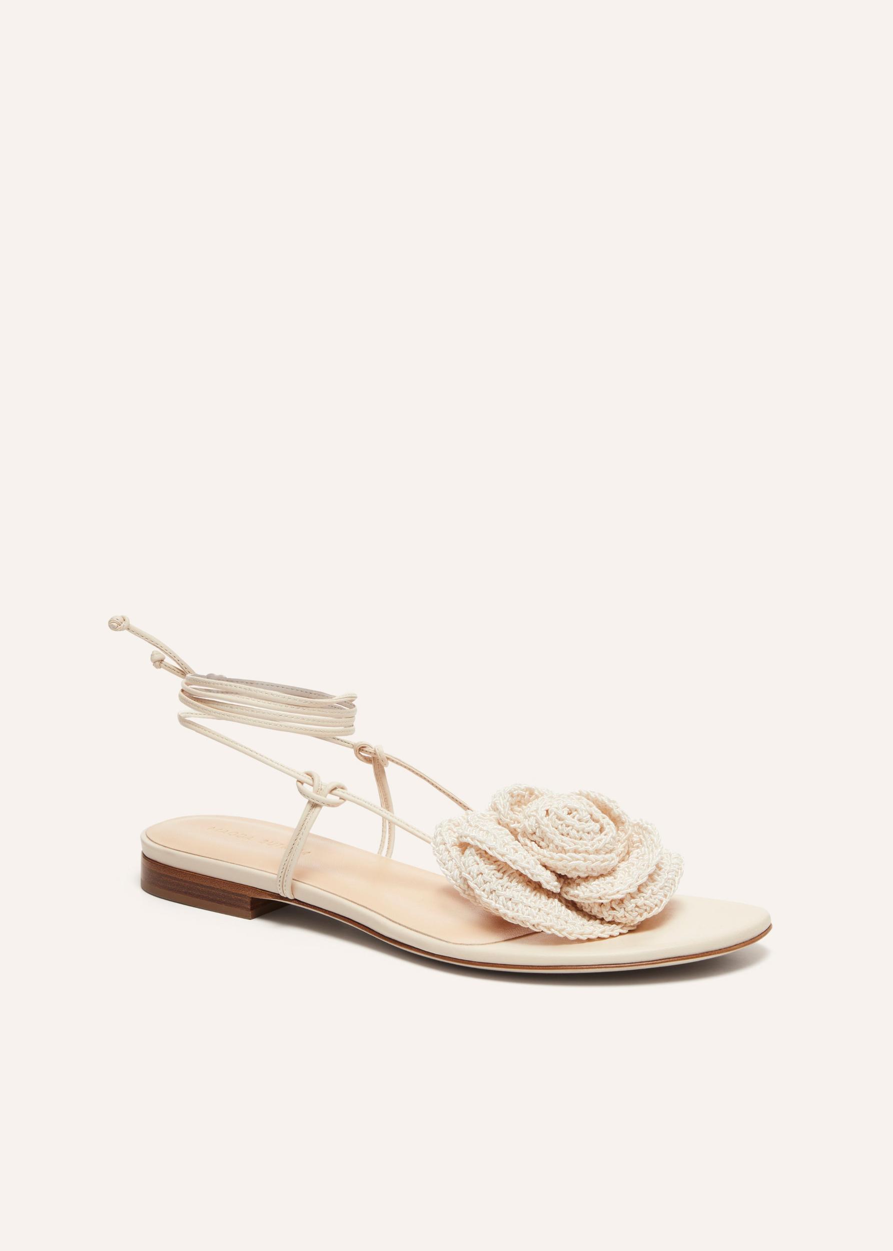 Wrap around flat flower sandals in cream crochet Product Image