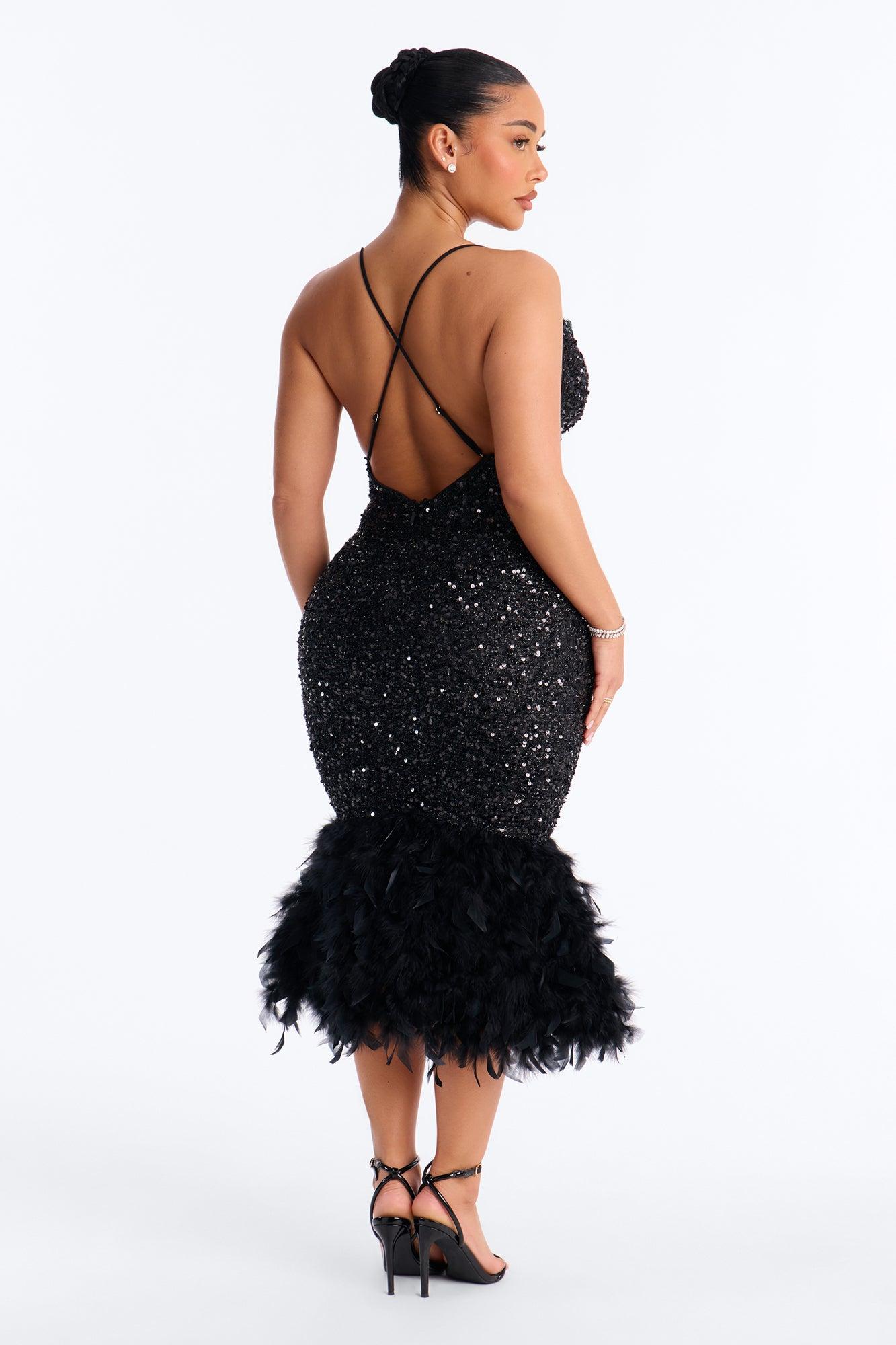 Zoey Feathered Sequin Midi Dress - Black Female Product Image