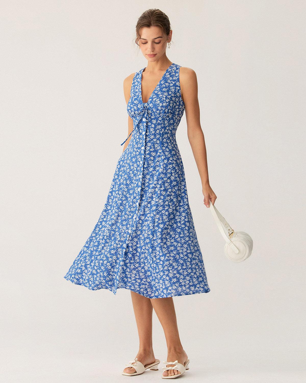 Blue Floral V Neck Sleeveless Midi Dress Product Image