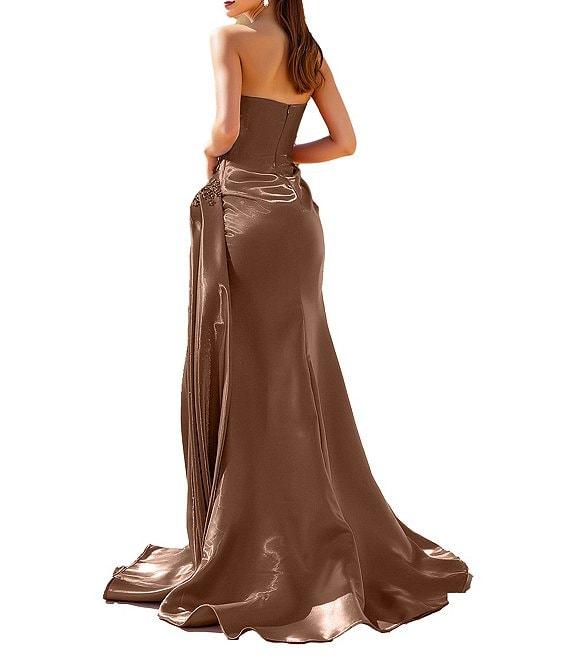 Terani Couture Shimmer Knit Asymmetric Strapless High Slit Gown Product Image