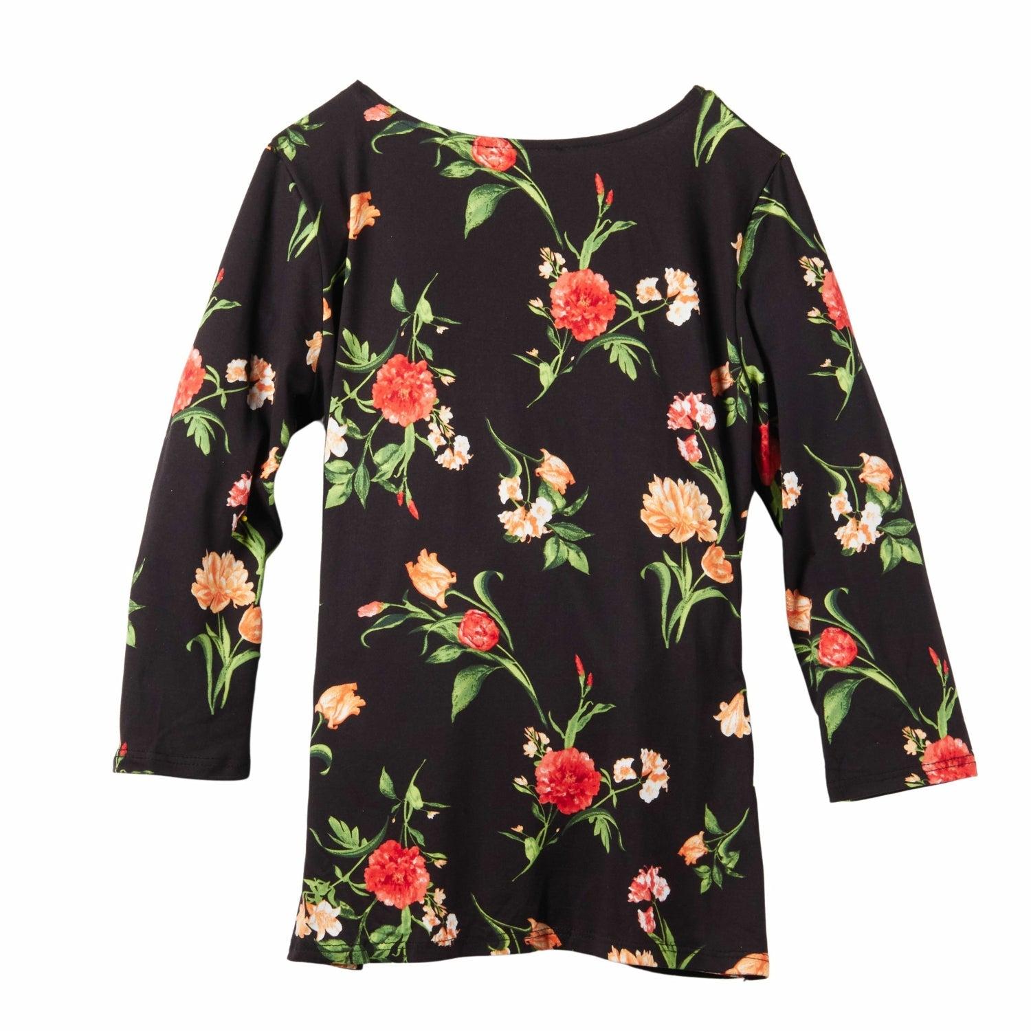 Inner Beauty 3/4 Sleeve Surplice Front V-Neck Black Floral Top Product Image