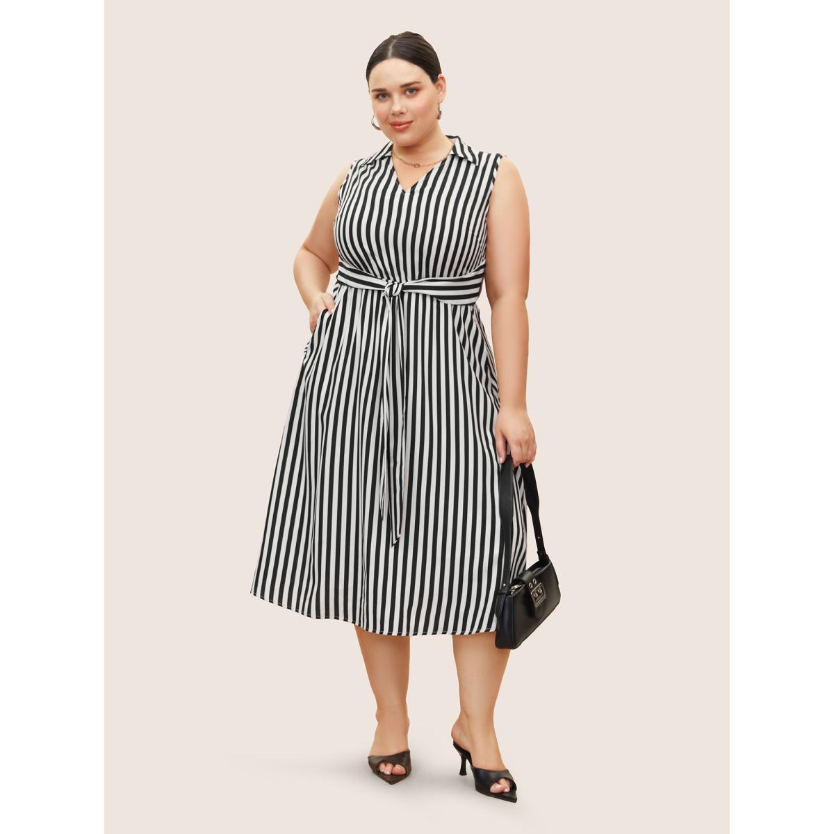 Plus Size Striped Shirt Collar Sleeveless Tie Dress Black Women At the Office Shirt collar Sleeveless Curvy BloomChic 28/5X Product Image