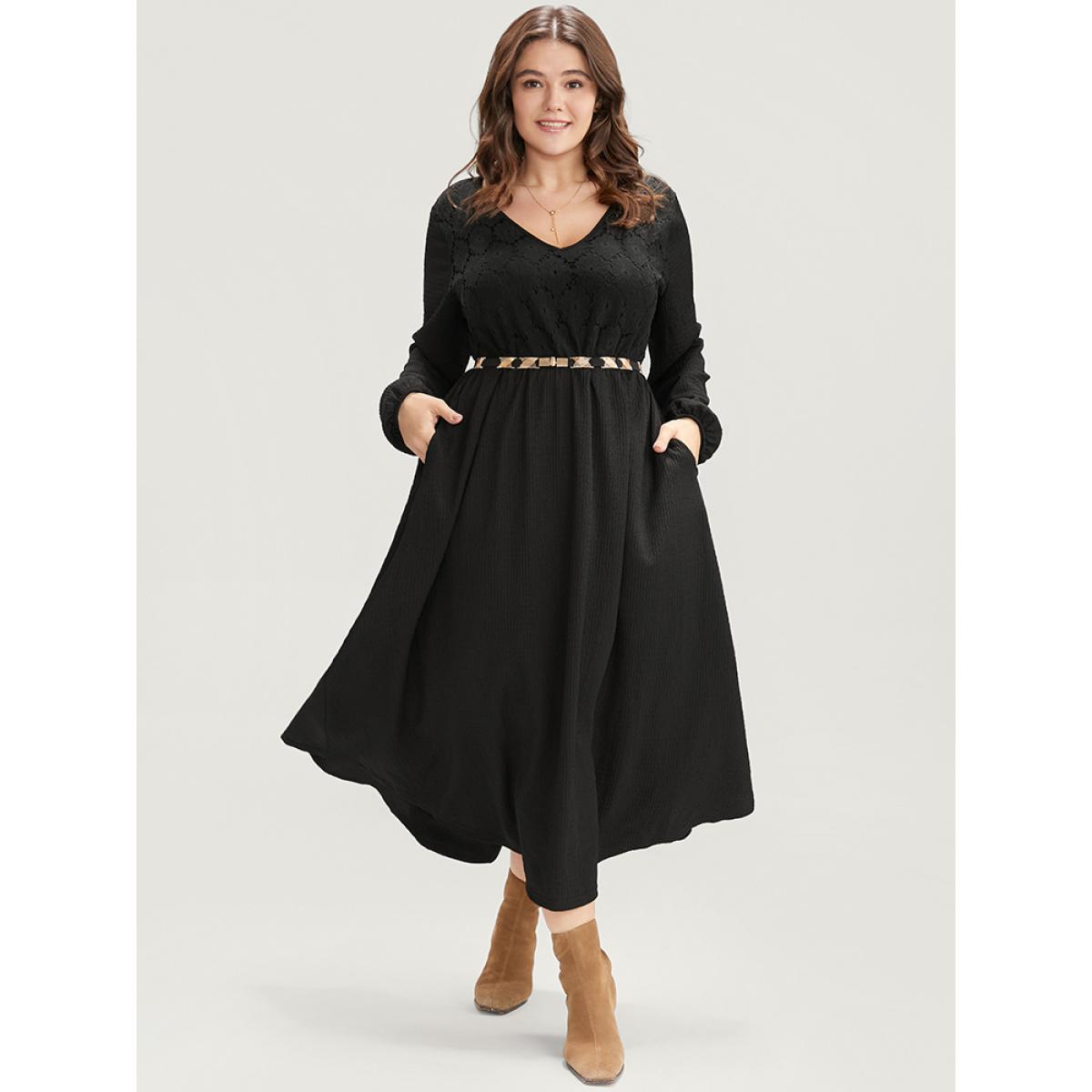 Plus Size Solid Pocket Textured Lantern Sleeve Contrast Lace Midi Dress Black Women Elegant Patchwork V-neck Long Sleeve Curvy Midi Dress BloomChic 30/6X Product Image