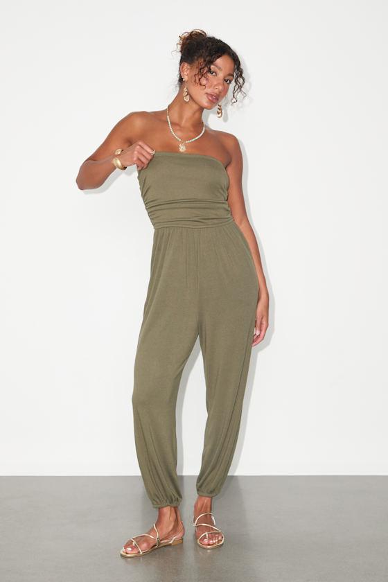 Flawless Comfort Olive Green Ruched Strapless Jogger Jumpsuit Product Image