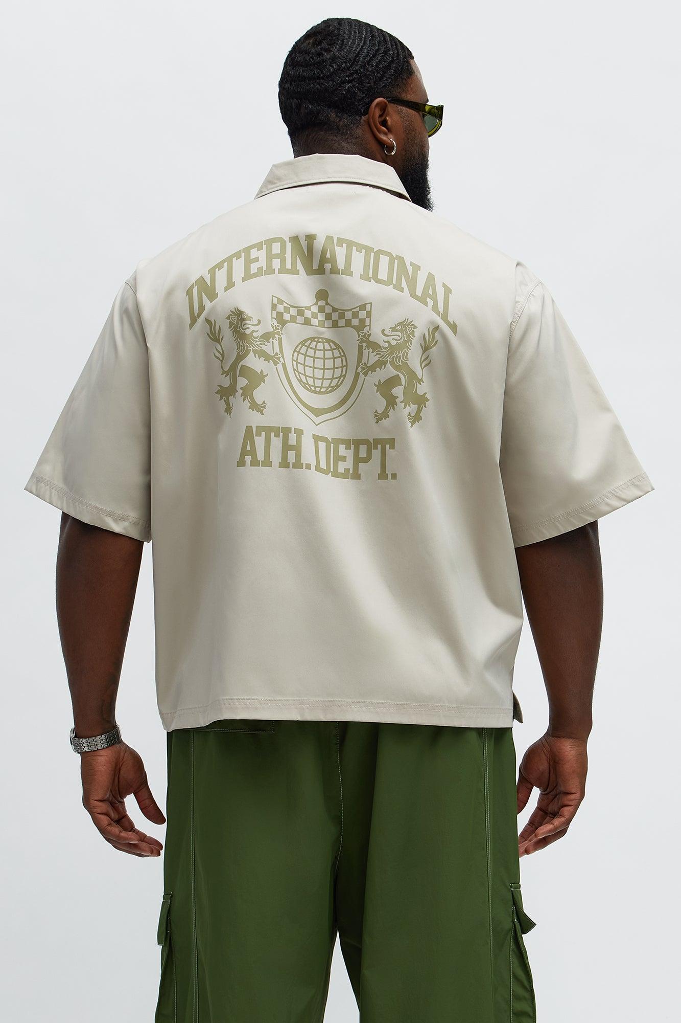 Cropped Athletic Dept. Short Sleeve Button Up Shirt - Khaki Product Image