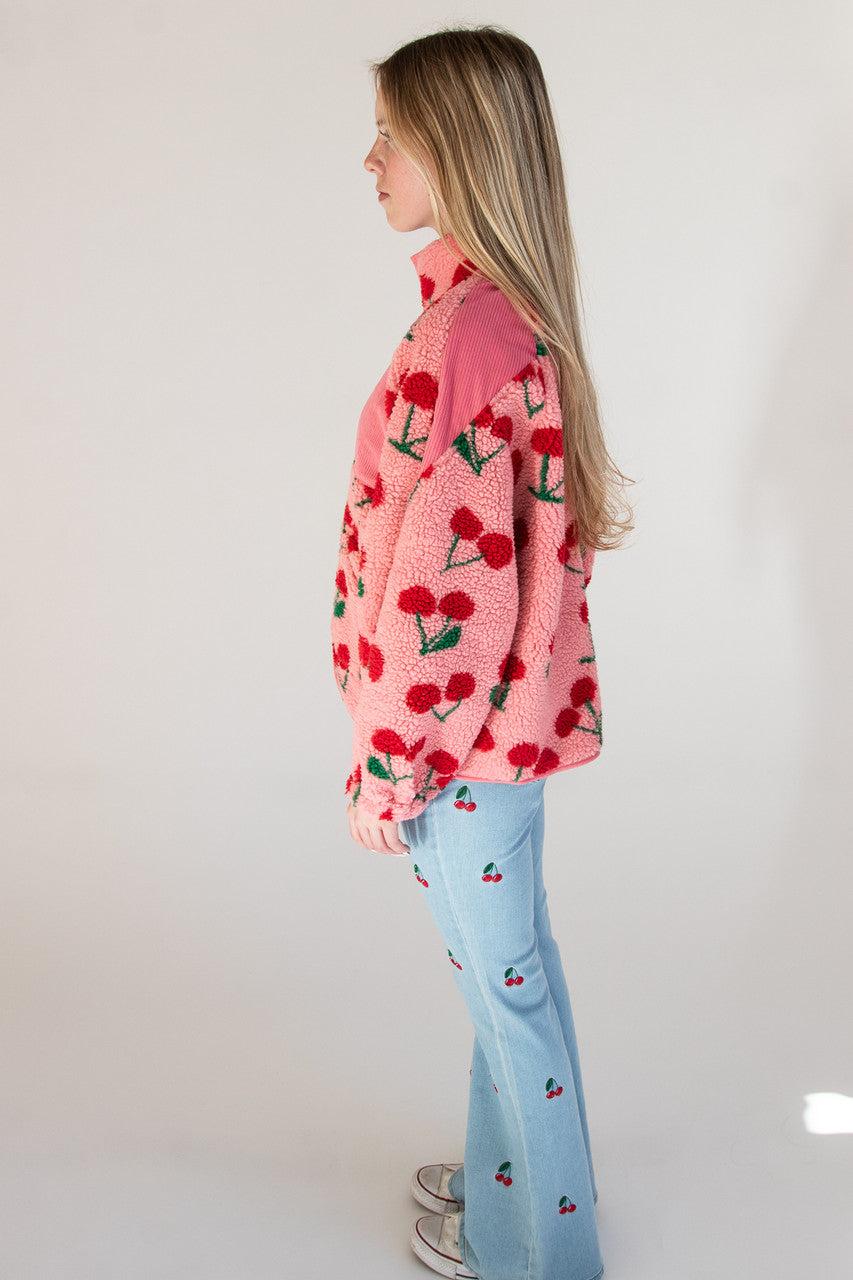 Fruit Pattern Corduroy Detail Faux Sherpa Jacket Product Image