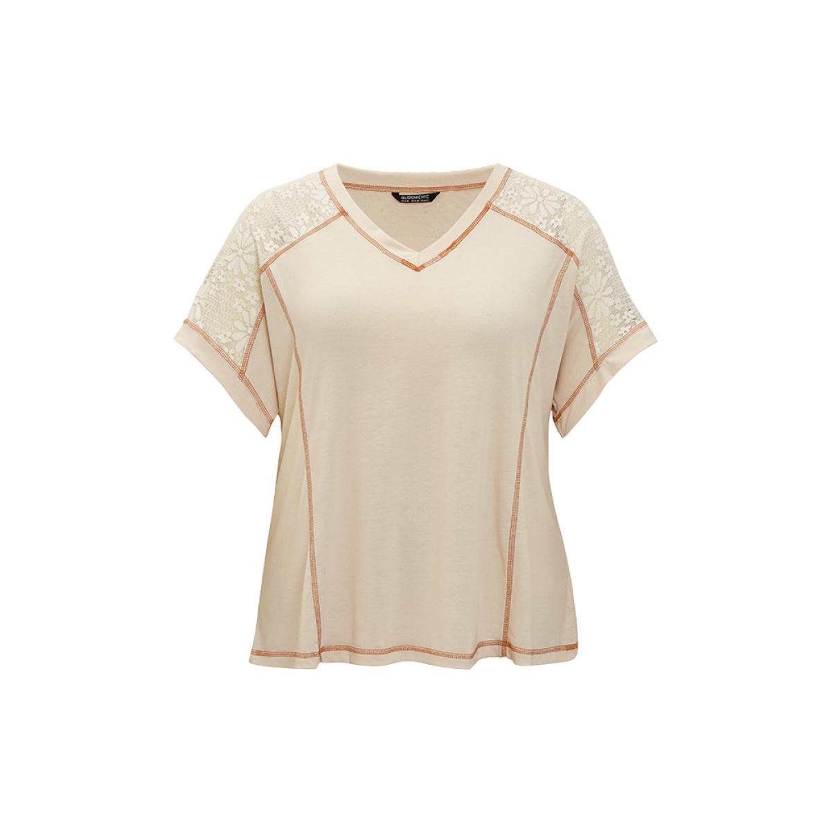 Plus Size Floral Lace Insert Stitch Trim T-shirt Beige Women Elegant Plain V-neck Dailywear T-shirts BloomChic 28/5X Product Image