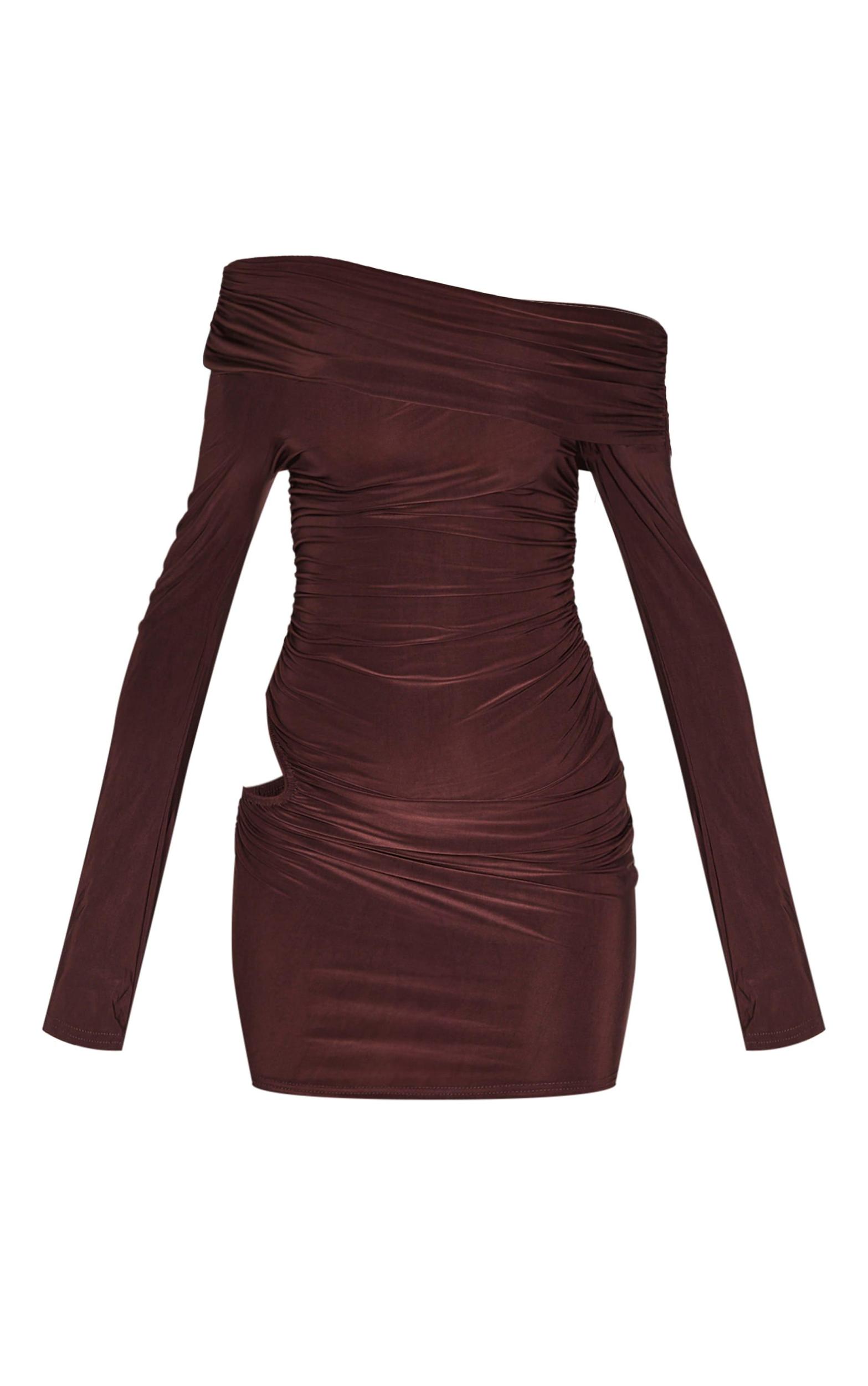 Chocolate Double Slinky Asymmetric Cut Out Mini Dress Product Image