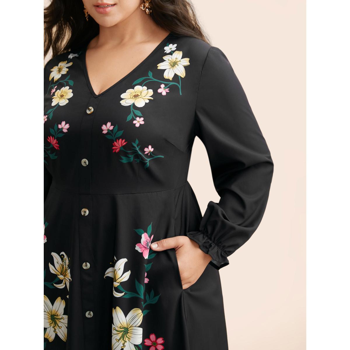 Plus Size V Neck Floral Button Detail Dress Black Women Elegant Button V-neck Long Sleeve Curvy BloomChic 18-20/2X Product Image