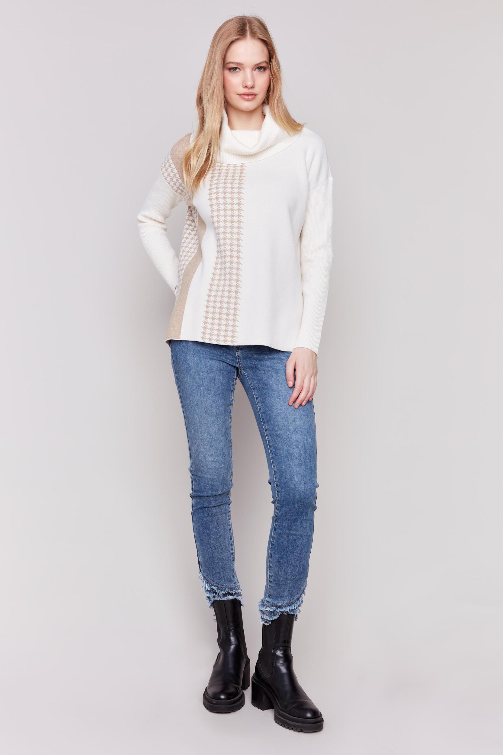 Jacquard Houndstooth Stripe Design Cowl-Neck Sweater Product Image