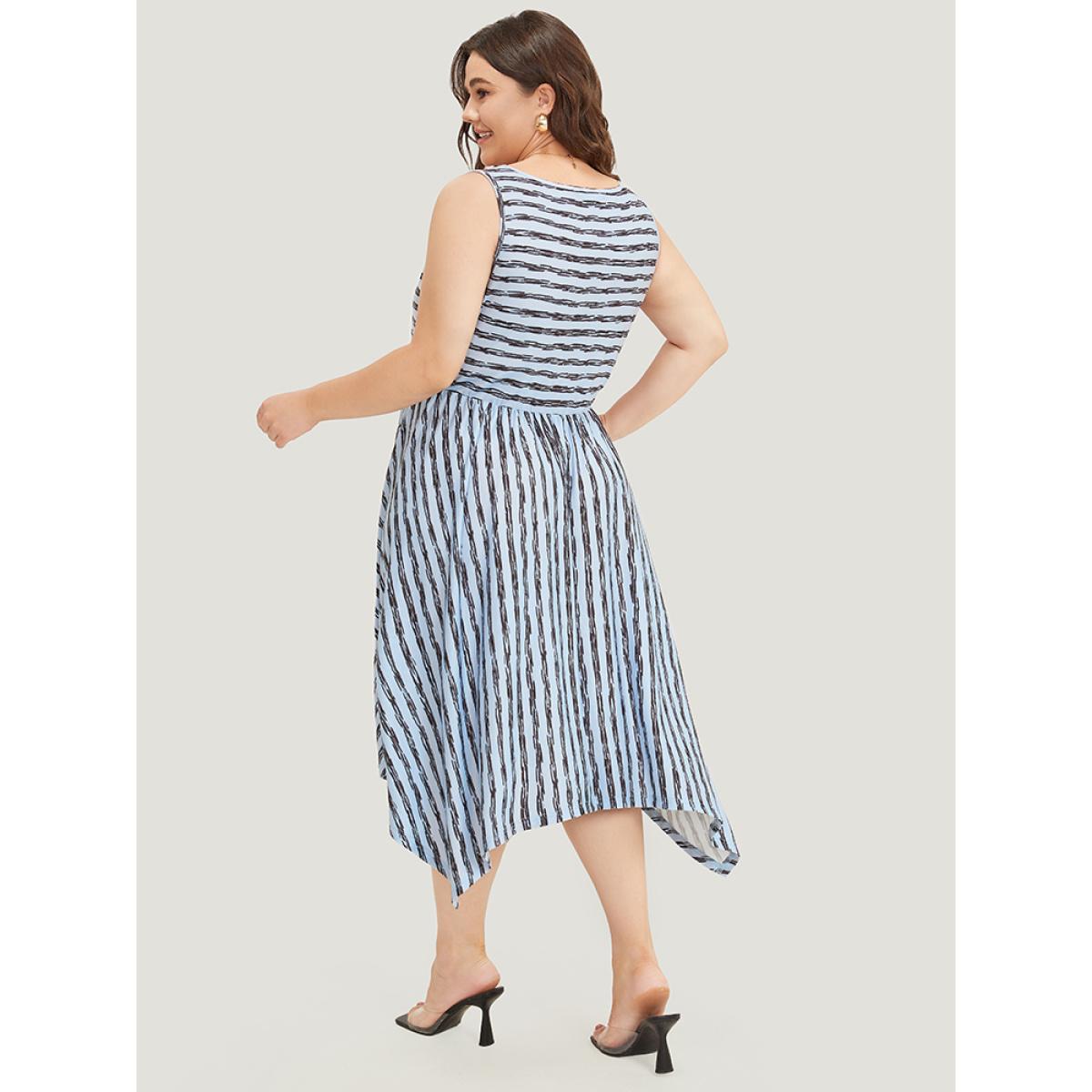Plus Size Striped Print Hanky Hem Pocket V Neck Tank Dress Stone Women Elegant Gathered V-neck Sleeveless Curvy Midi Dress BloomChic 22-24/3X Product Image