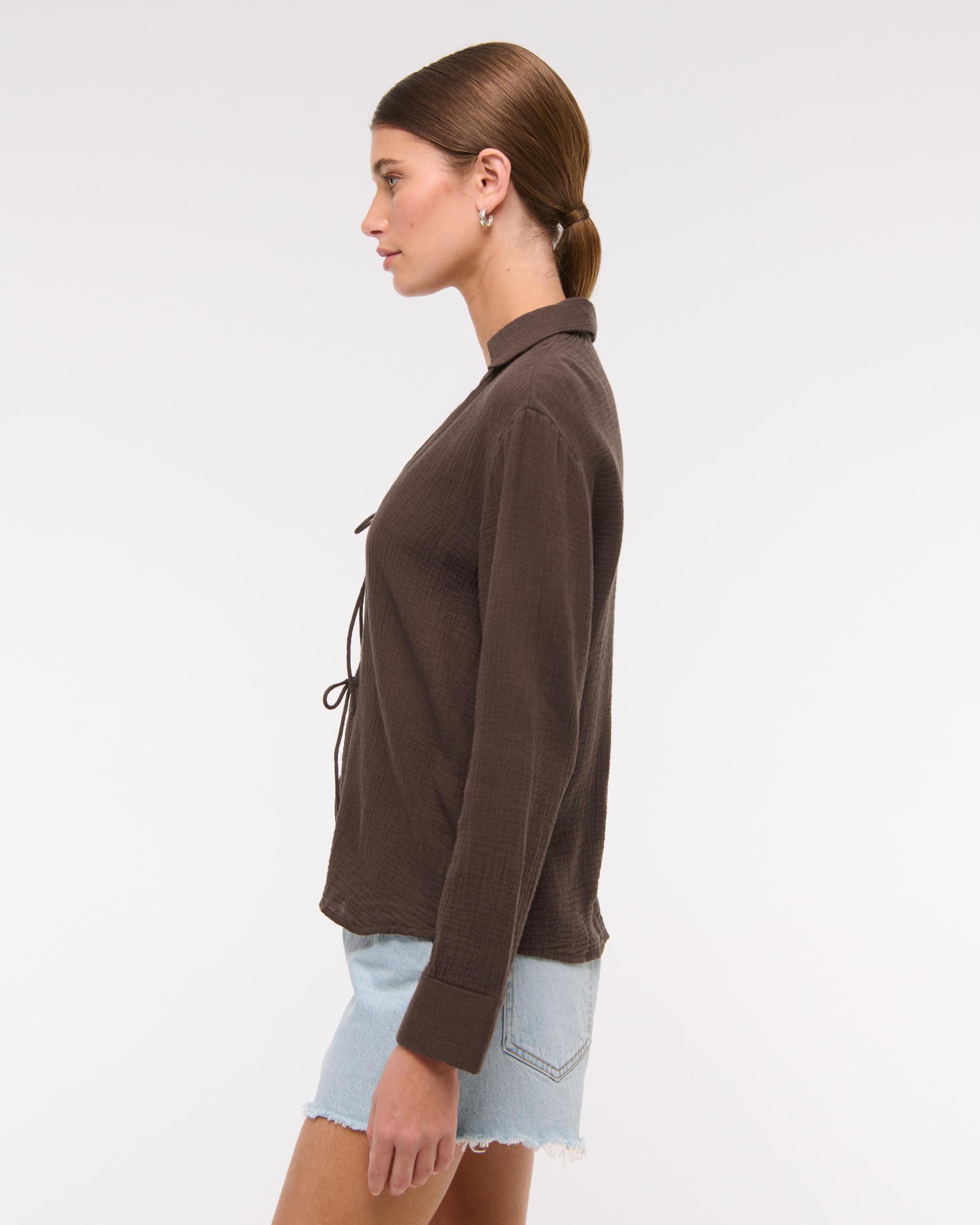 Long-Sleeve Oversized Tie-Front Gauzy Shirt Product Image