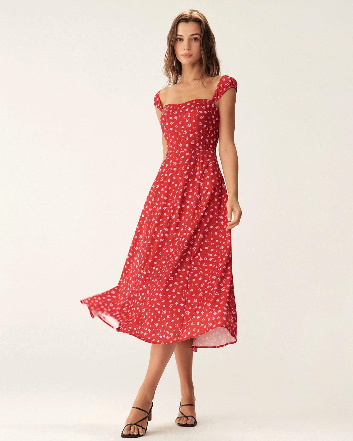 Red Floral Sweetheart Neck Cap Sleeve Midi Dress Product Image