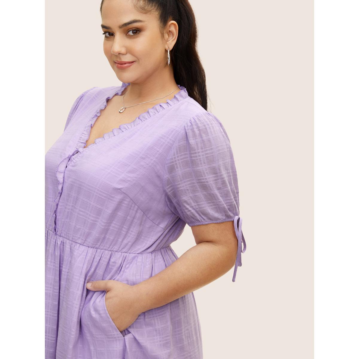 Plus Size Plaid Drawstring Puff Sleeve Frill Trim Dress Lilac Women Casual V-neck Short sleeve Curvy BloomChic 18-20/2X Product Image