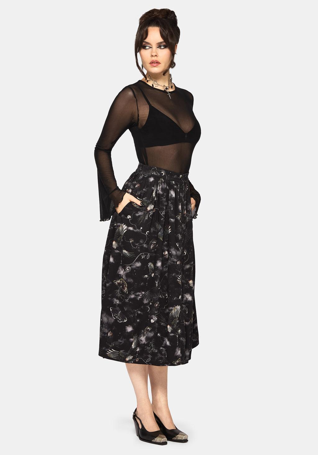 Crimson Magpie and Moth Print Button Up Midi Skirt Product Image