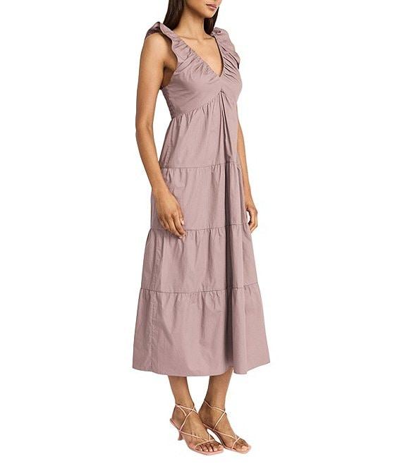 The Good Journey Ruffle V-Neck Smocked Back Tiered Cotton Poplin Midi Dress Product Image
