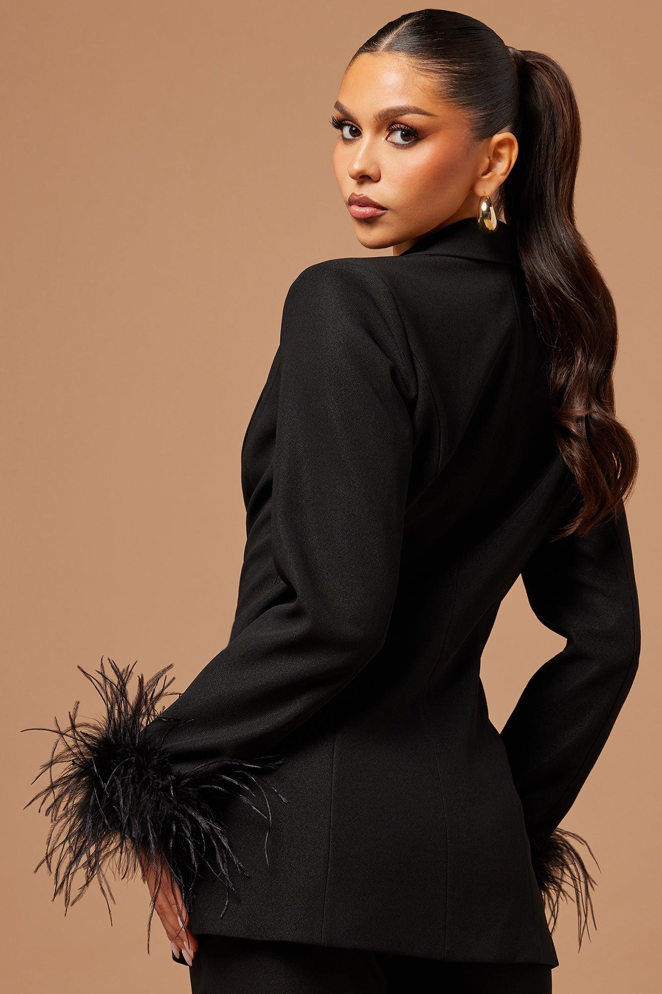 Clarissa Feather Blazer Suit Set - Black Product Image