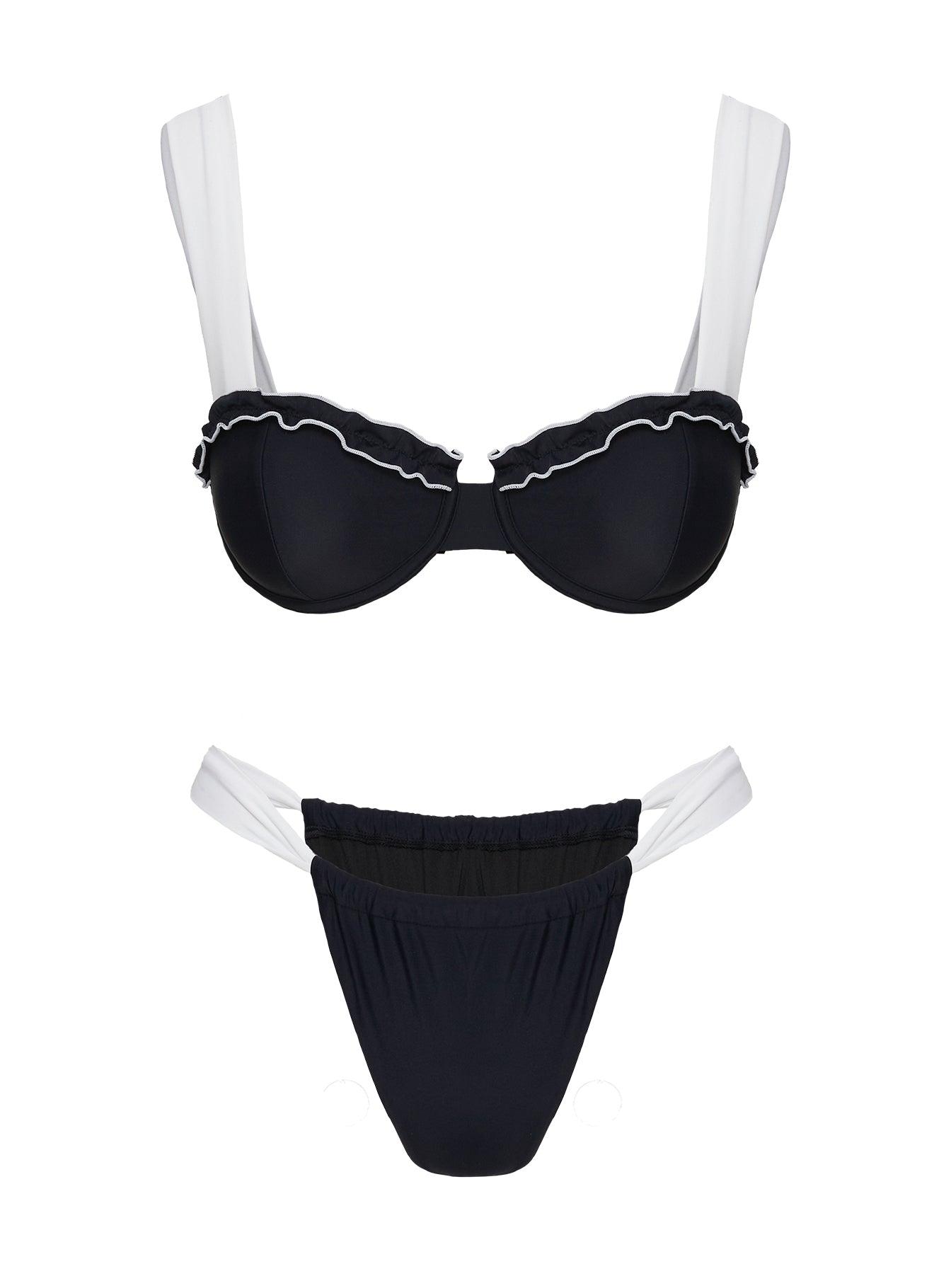 Summer Season Ruched Side Bikini Bottoms Black / White Product Image