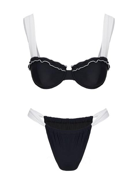 Summer Season Ruched Side Bikini Bottoms Black / White Product Image