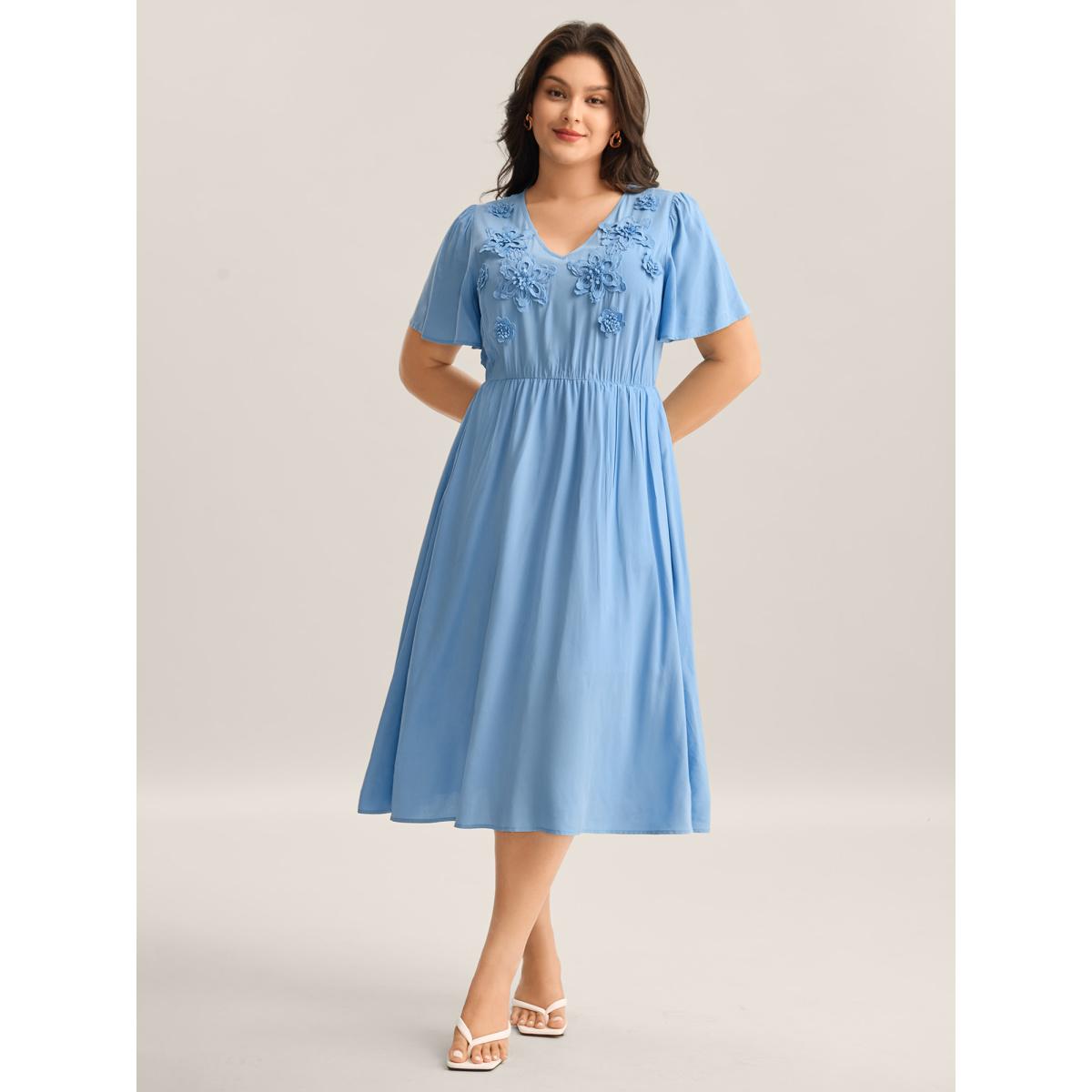 Plus Size Rayon Floral Detail Cinched-Waist Midi Dress Skyblue Women V-neck Short sleeve Curvy BloomChic 14-16/1X Product Image