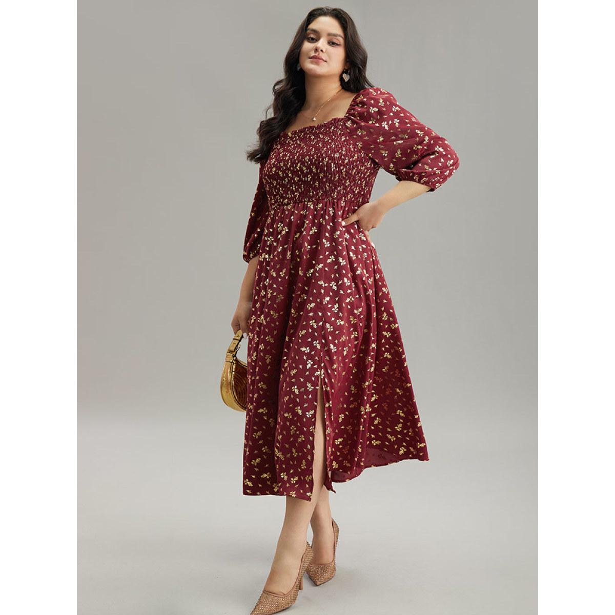 Plus Size Glitter Square Neck Shirred Split Front Frill Trim Dress Scarlet Women Party Elastic cuffs Square Neck Elbow-length sleeve Curvy Midi Dress BloomChic 14-16/1X Product Image