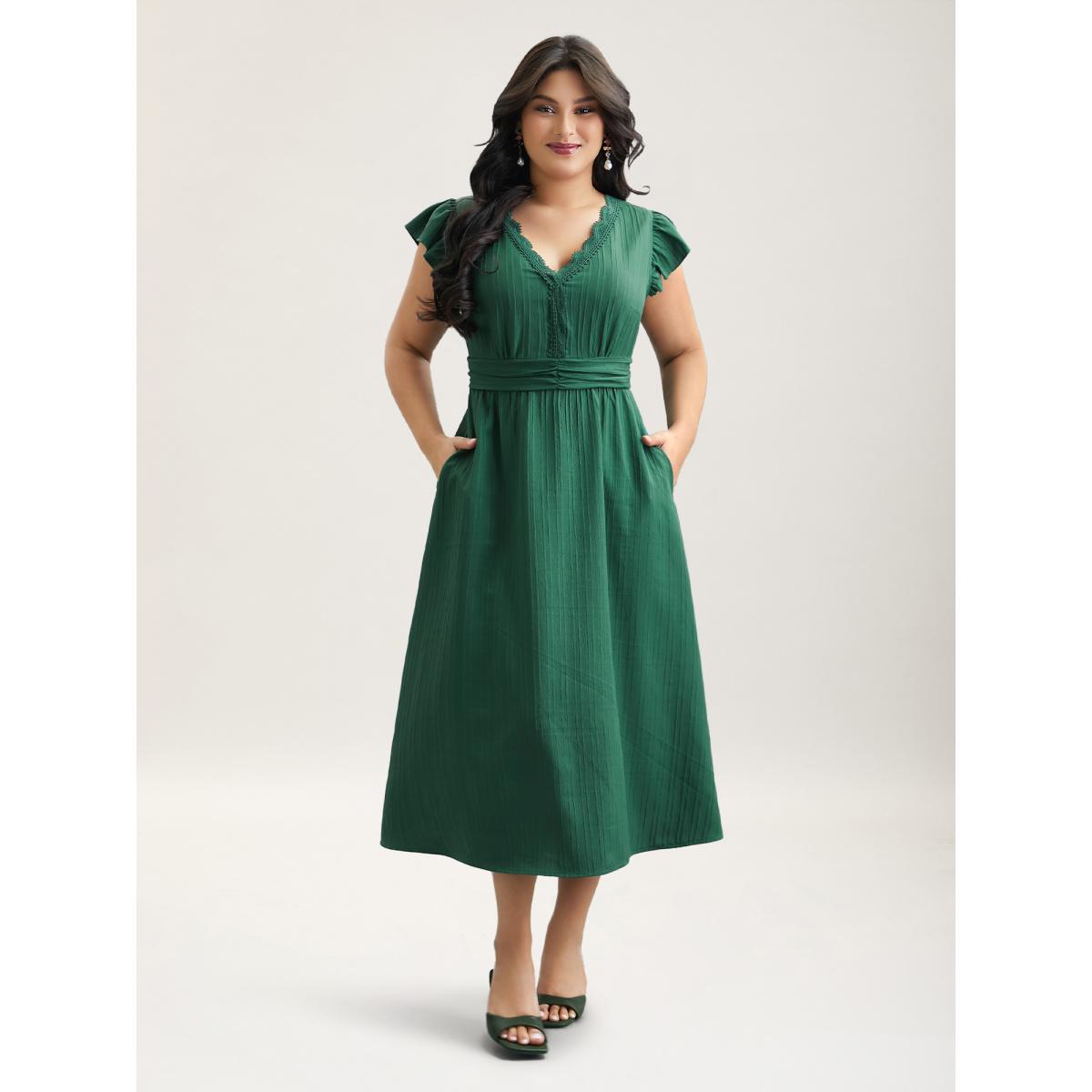 Plus Size Lace Trim Stitch Textured Waist-Defined Midi Dress Emerald Women Timeless Woven ribbon&lace trim V-neck Cap Sleeve Curvy BloomChic 14-16/1X Product Image
