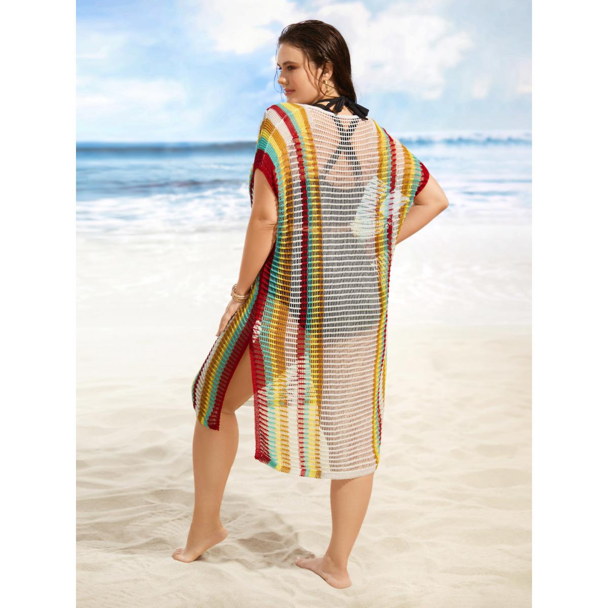 Plus Size Contrast Striped Dolman Sleeve Split Side Swim Cover Up Women's Swimwear Originalwhite Beach Loose Texture Curve Swim Cover Ups BloomChic 18-20/2X Product Image