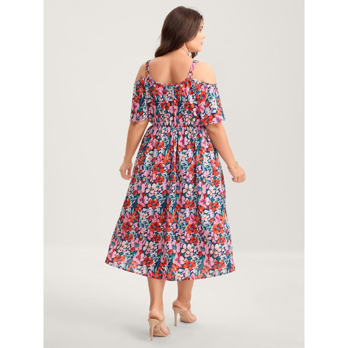 Plus Size Floral Print Off-Shoulder Pockets Midi Dress DarkBlue Women Heart neckline Short sleeve Curvy BloomChic 18-20/2X Product Image