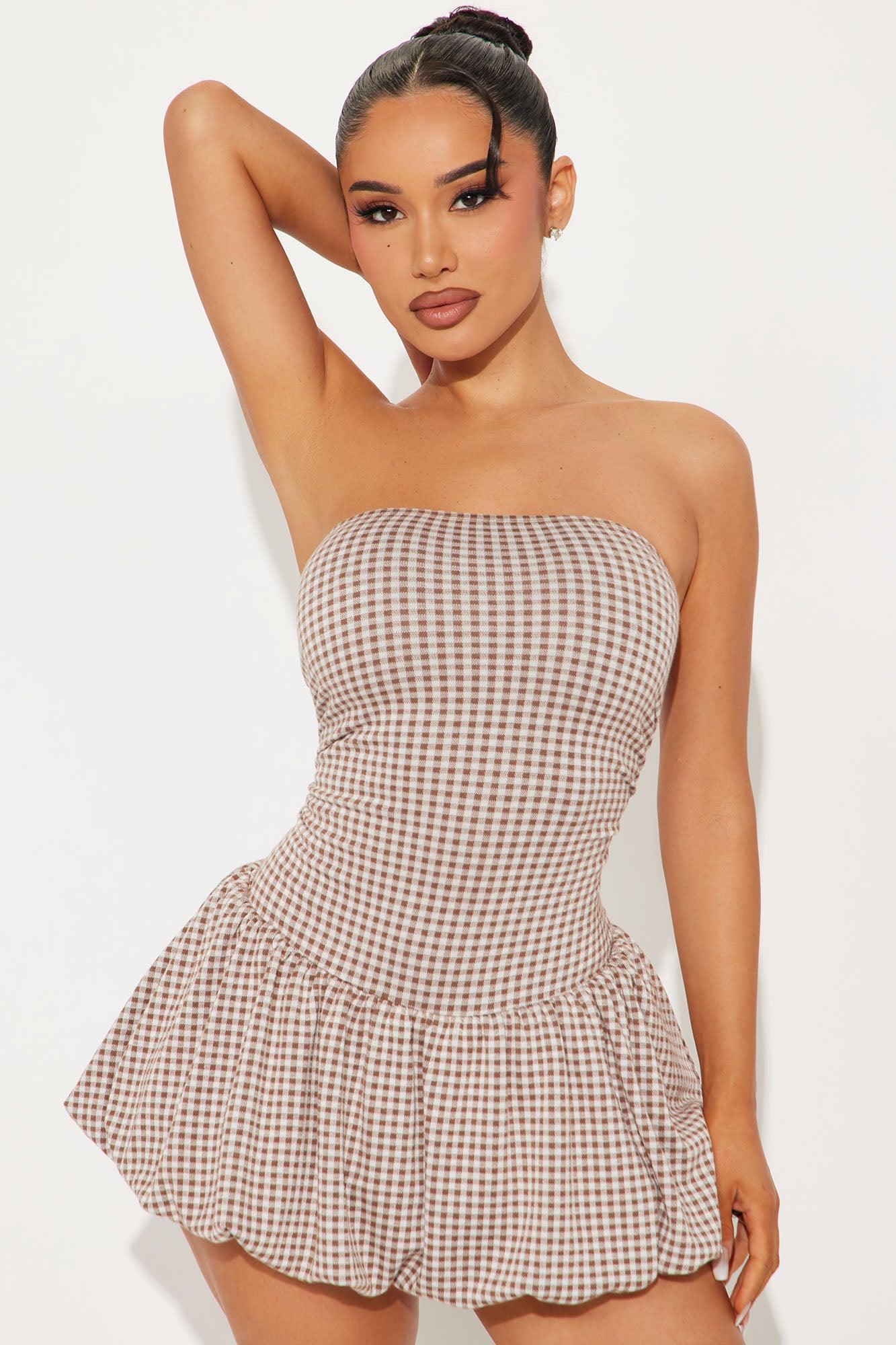 Dahlia Gingham Bubble Mini Dress - Brown Product Image