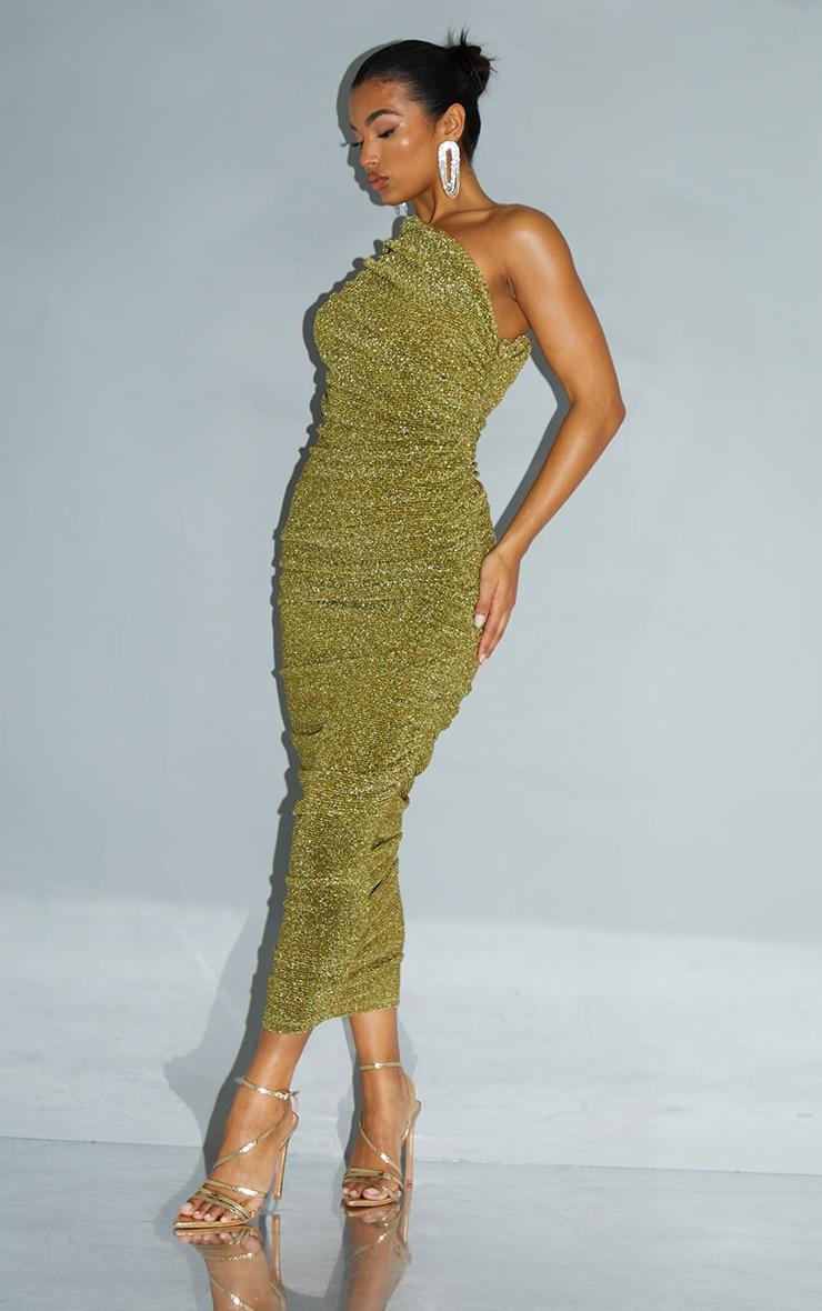 Gold Glitter Plisse Ruched One Shoulder Midi Dress Product Image
