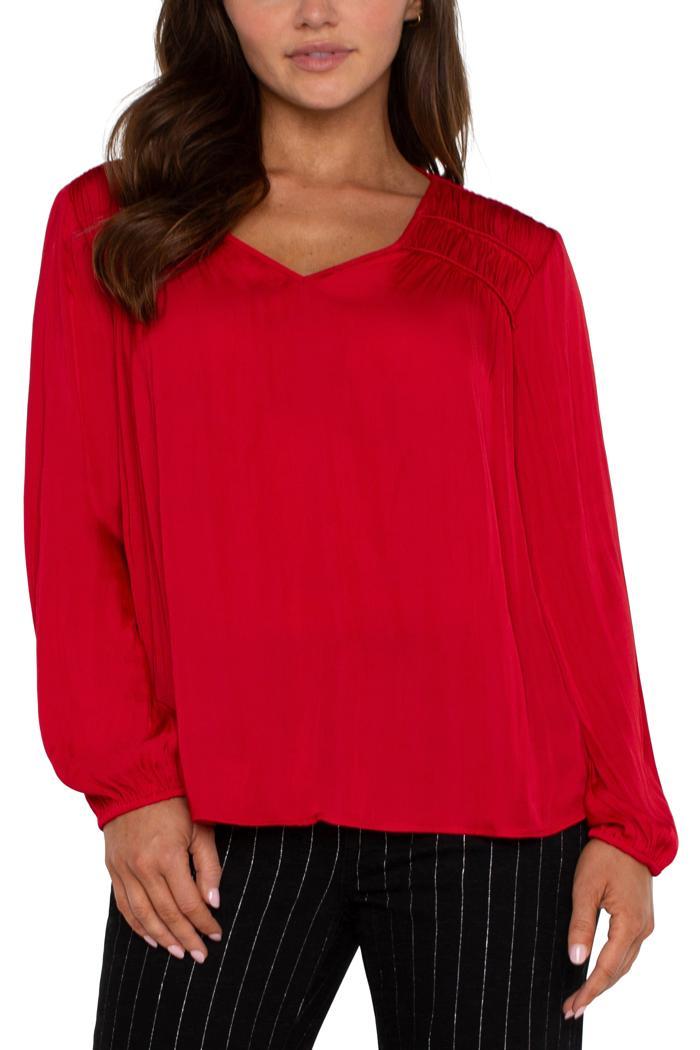 Long Sleeve V Neck Woven Blouse With Shirring Product Image