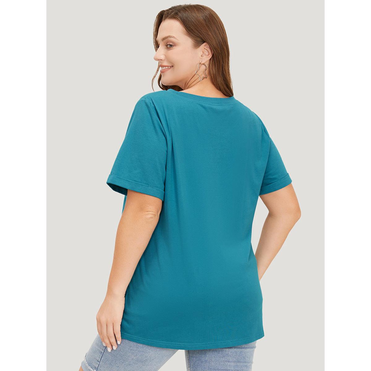 Plus Size Floral & Letter Roll Sleeve T-shirt Cerulean Women Casual Printed Natural Flowers Dailywear T-shirts BloomChic 26/4X Product Image