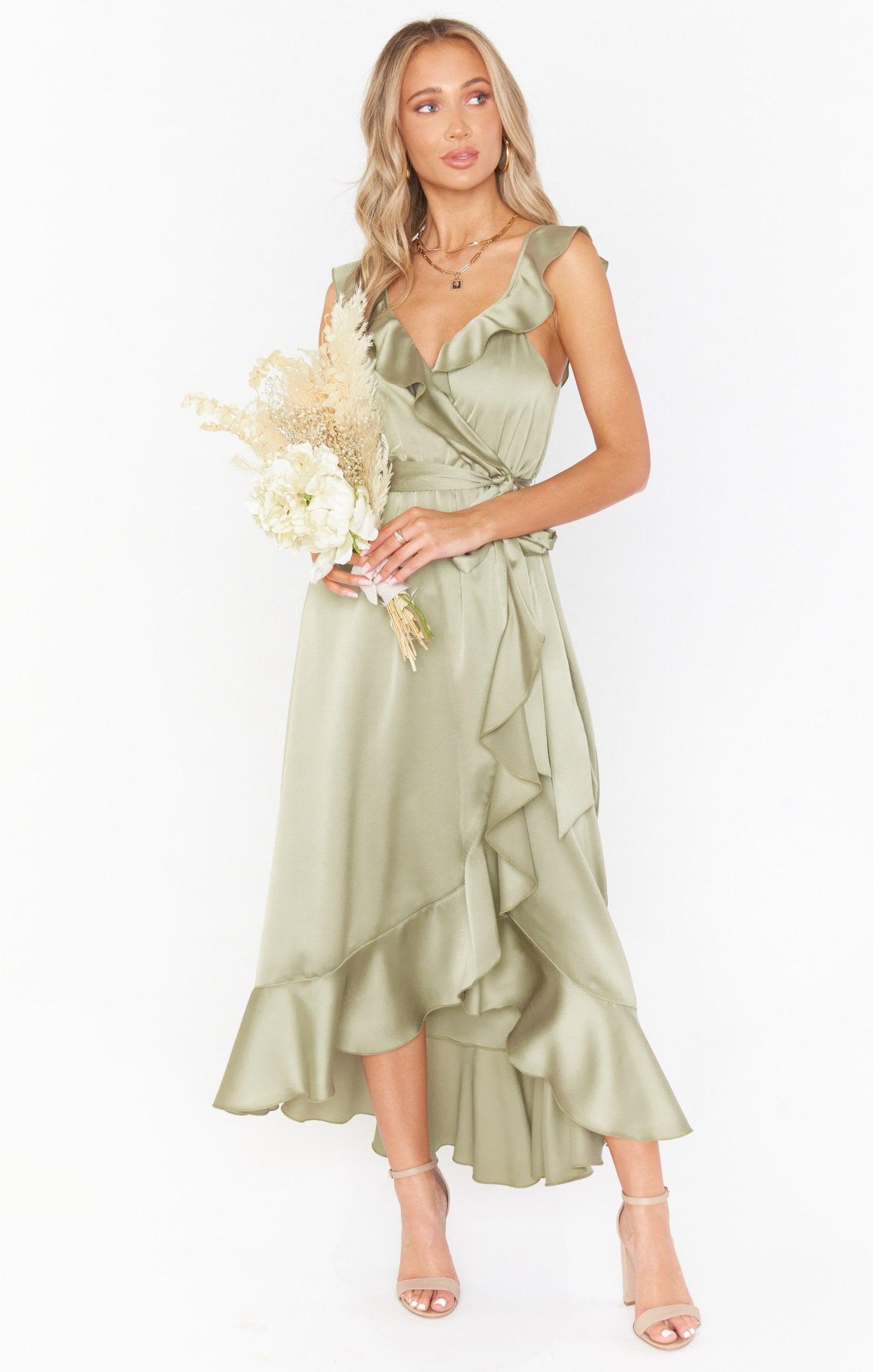 Samantha Ruffle Wrap Dress ~ Moss Green Luxe Satin Product Image