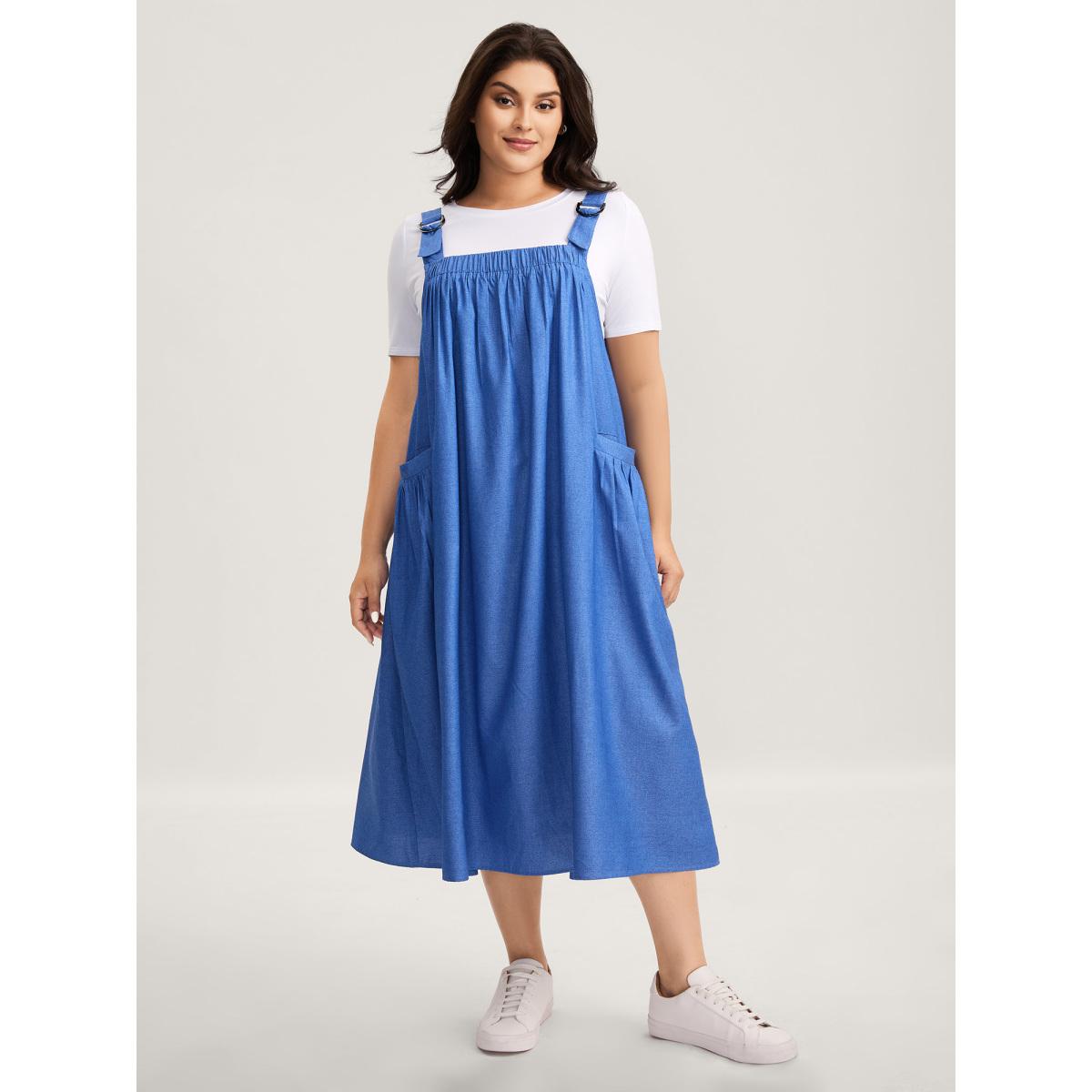 Plus Size Overall Straps Pleated Pockets Midi Dress Cerulean Women Square Neck Sleeveless Curvy BloomChic 28/5X Product Image
