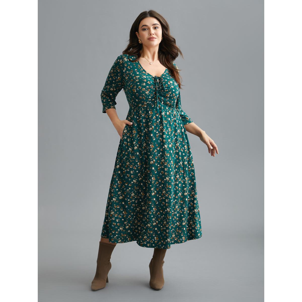Plus Size Ditsy Floral Chest Drawstring Midi Dress DarkGreen Women Elegant Drawstring Knit Dresses Bloomchic 30/6X Product Image