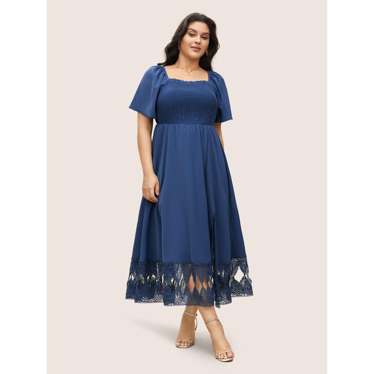 Plus Size Square Neck Shirred Lace Trim Slit Hem Dress DarkBlue Women Elegant Woven ribbon&lace trim Square Neck Short sleeve Curvy BloomChic 26/4X Product Image