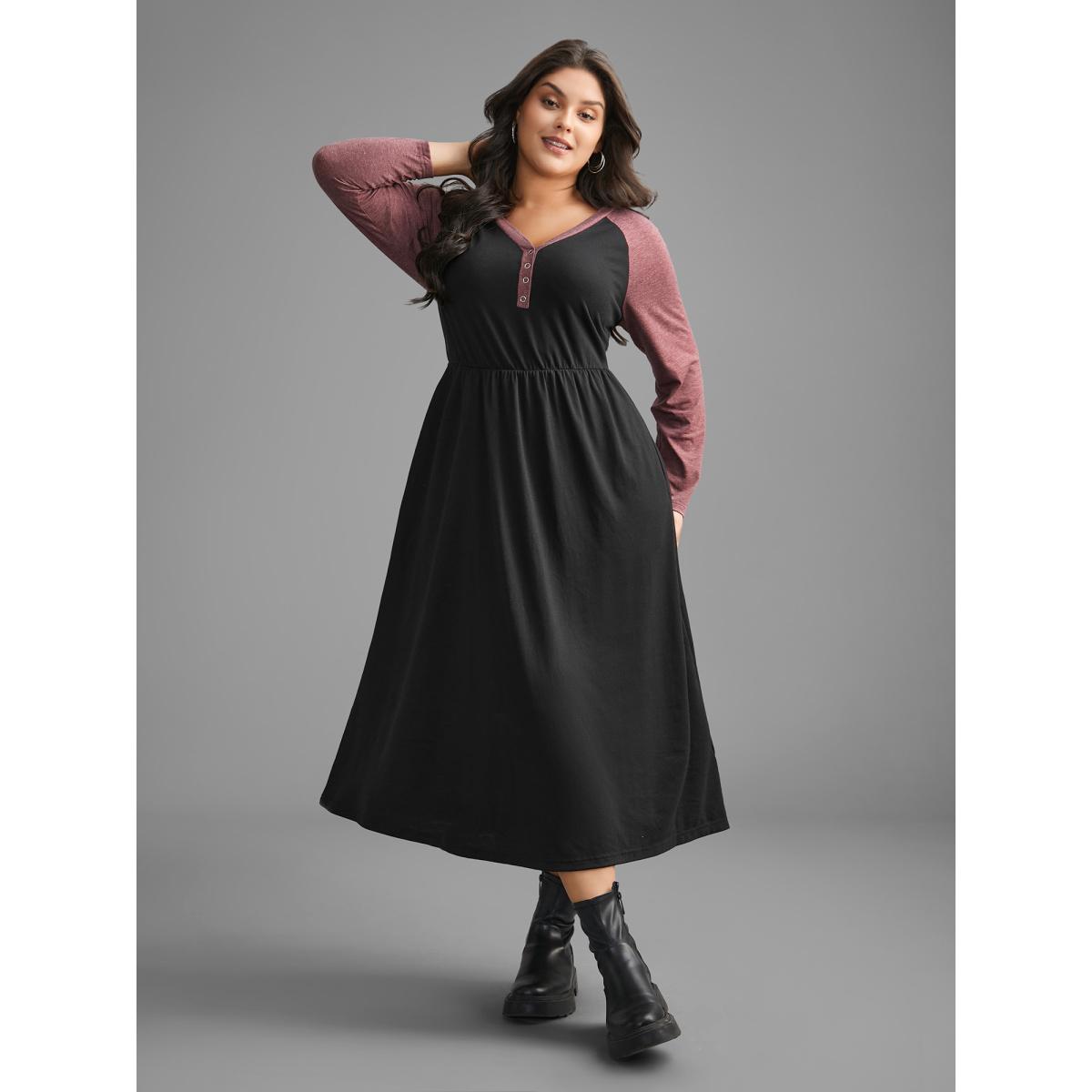 Plus Size V Neck Heather Patchwork Knit Dress Black Women Casual Contrast Knit Dresses Bloomchic 14-16/1X Product Image