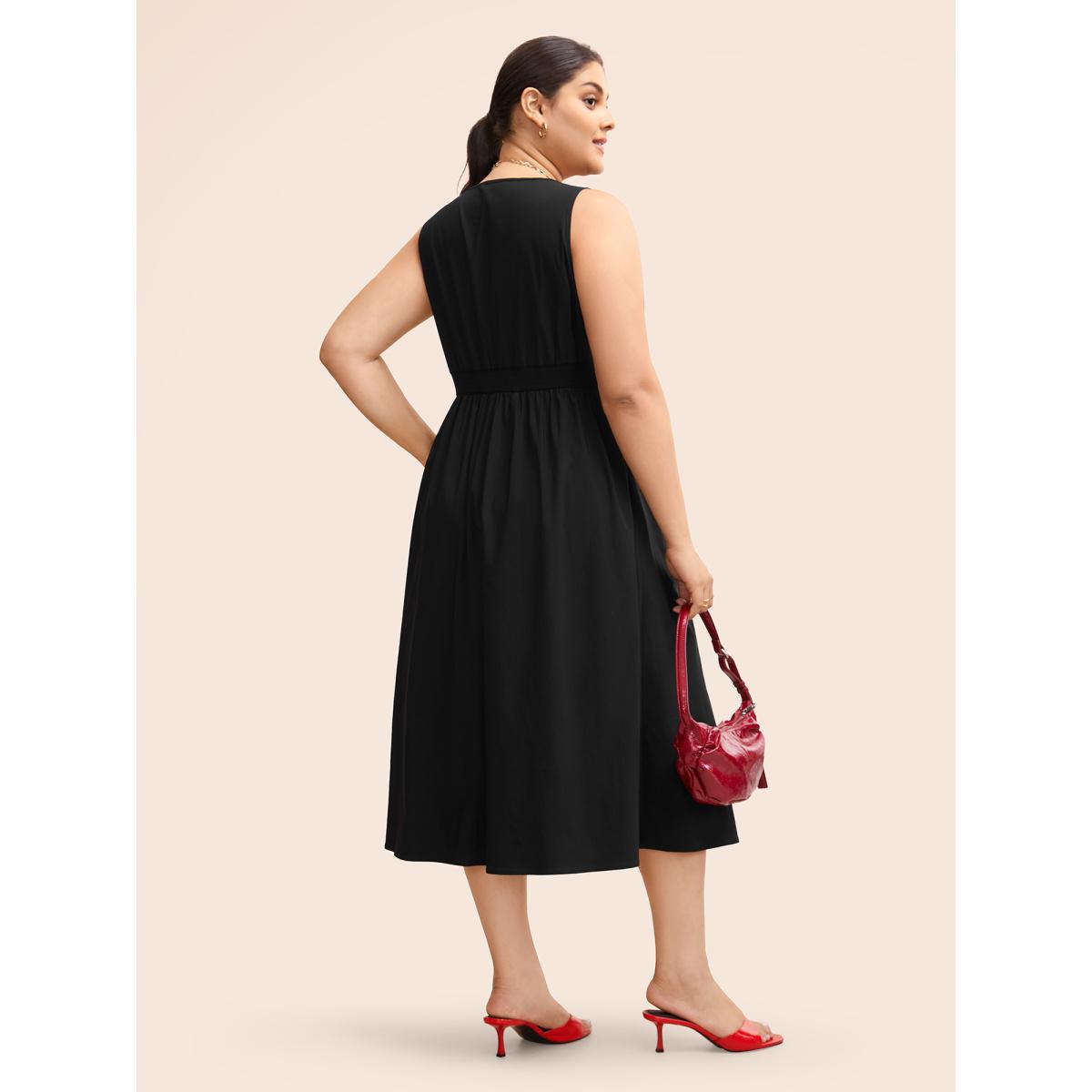 Plus Size Stretch Woven Vest Flare Midi Dress Black Women At the Office Button Suit Collar Sleeveless Curvy BloomChic 10/M Product Image