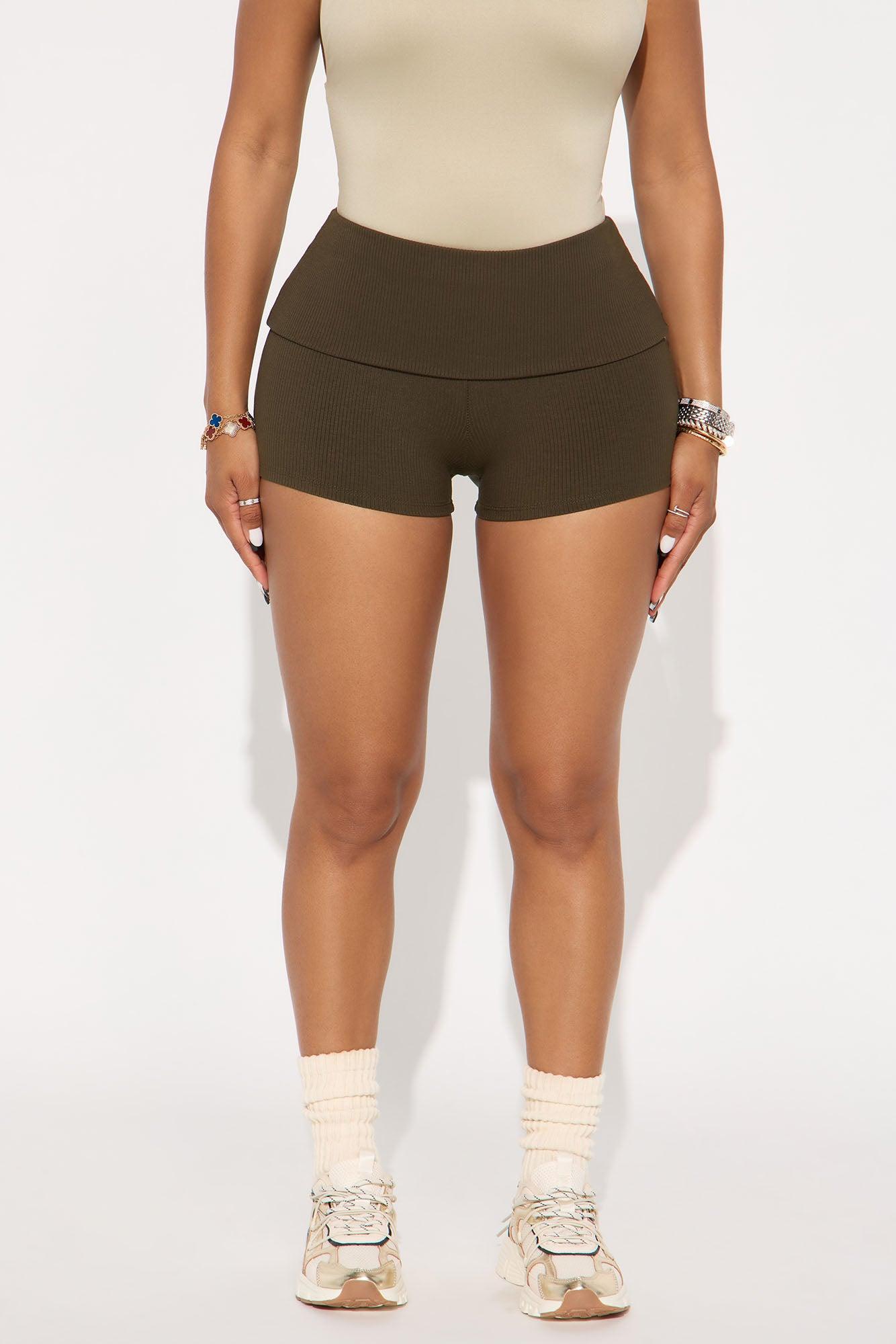 Ribbed Foldover Shorts - Olive Female Product Image