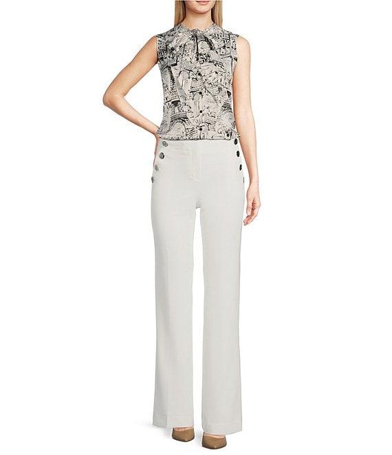 KARL LAGERFELD PARIS Sleeveless Tie Neck Printed Button Front Blouse Product Image