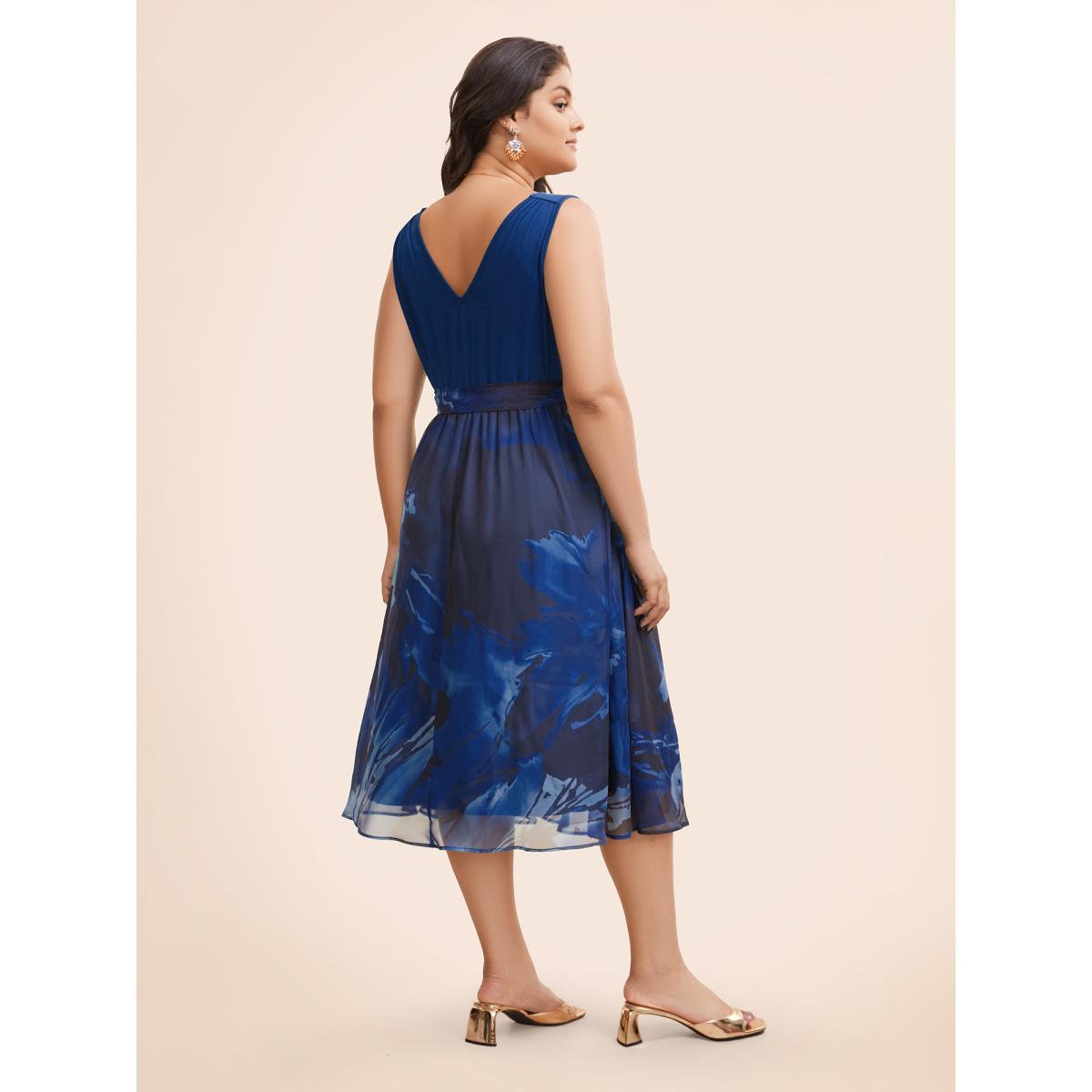 Plus Size Floral Print Belted Patchwork Pocket Tank Dress Black Women Glamour Wrap Overlap Collar Sleeveless Curvy Midi Dress BloomChic 26/4X Product Image