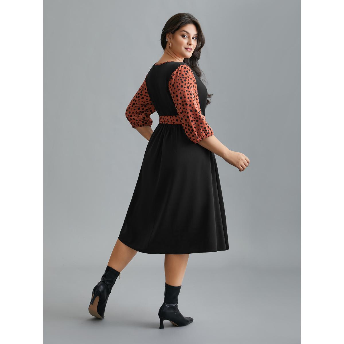 Plus Size V Neck Polka Dot Color contrast Dress Black Women Elegant Belted V-neck Elbow-length sleeve Curvy BloomChic 30/6X Product Image