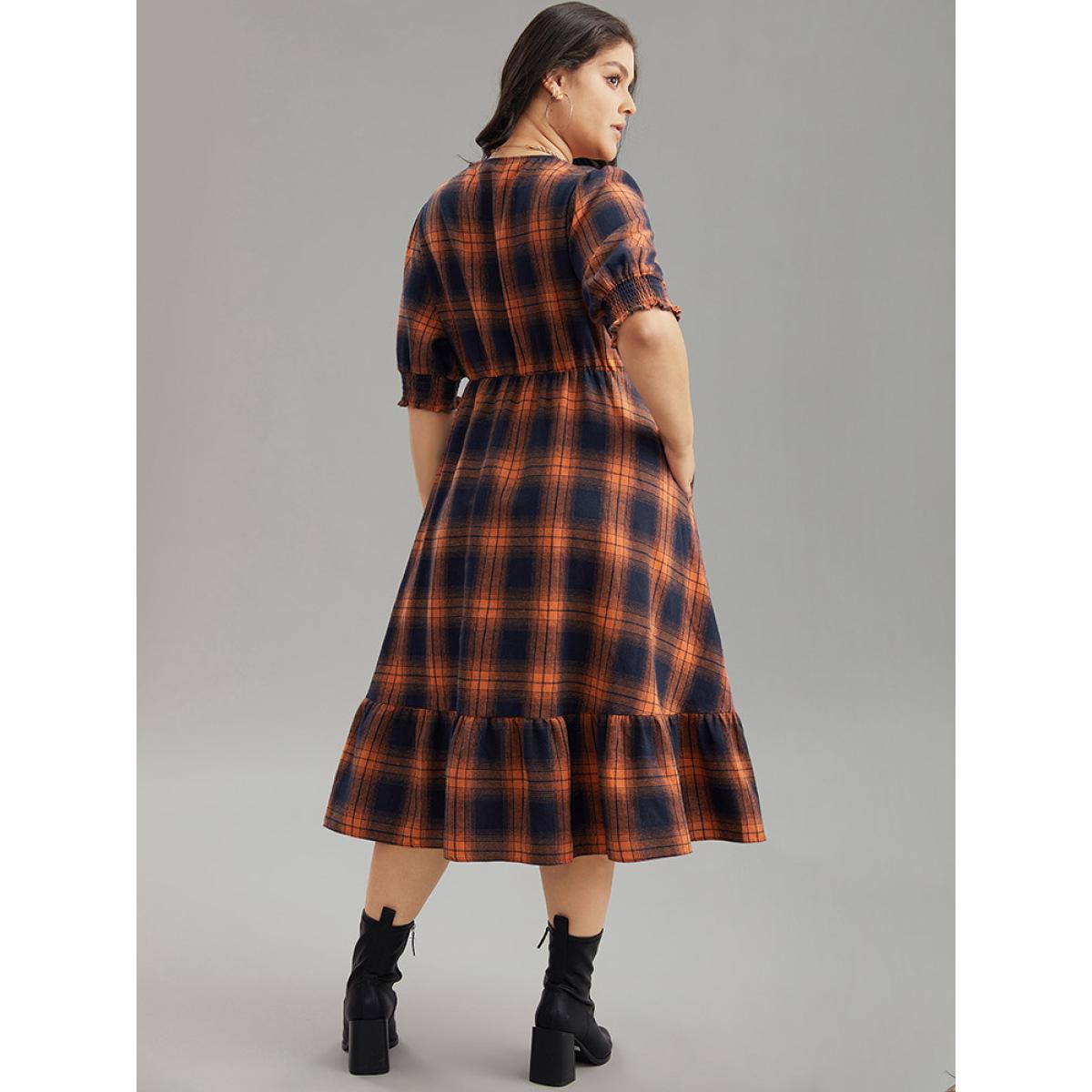 Plus Size Plaid Shirred Ruffles Pocket Dress Orange Women Elegant Printed V-neck Short sleeve Curvy Midi Dress BloomChic 30/6X Product Image