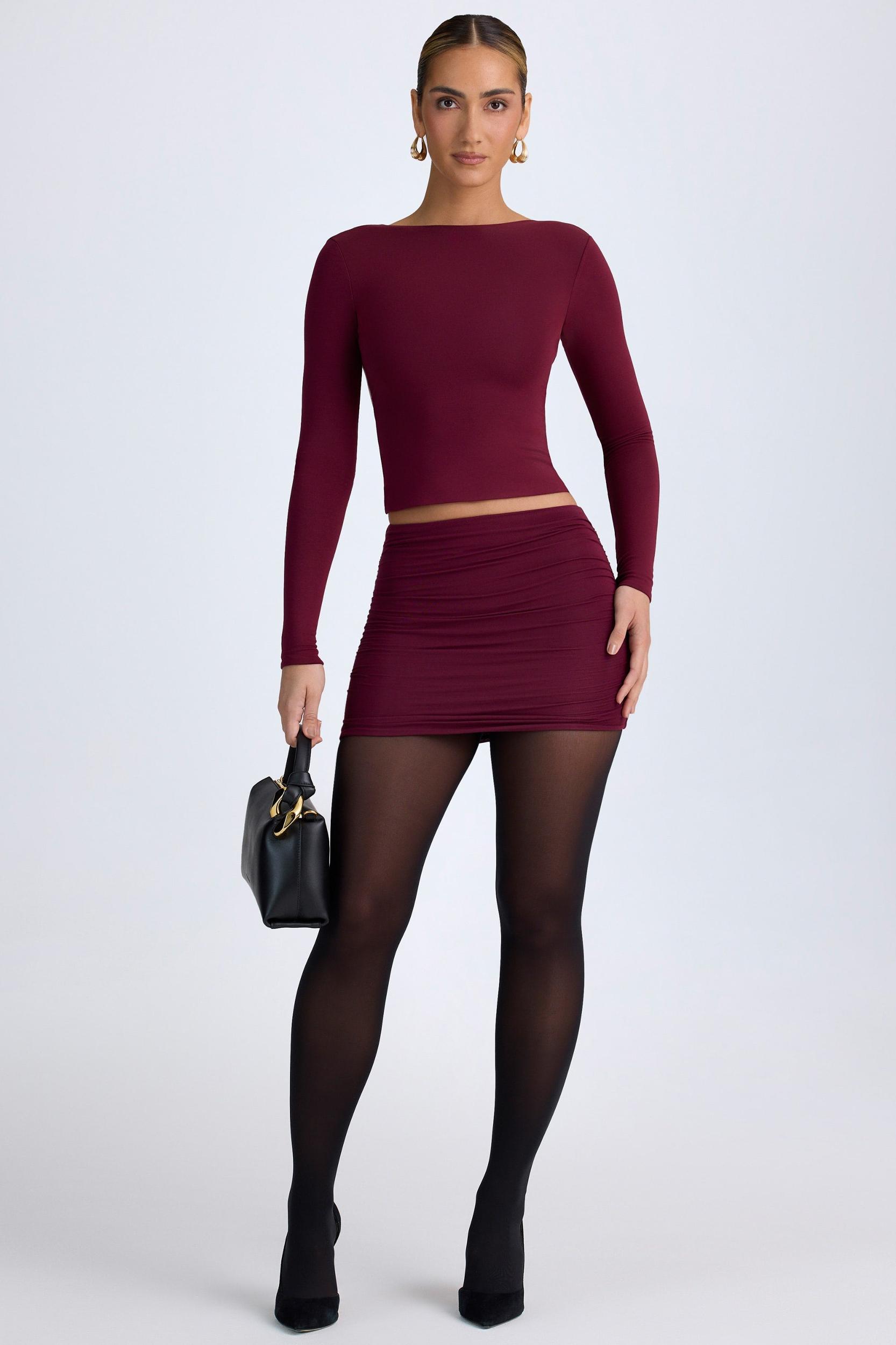 Modal High Neck Long Sleeve Open Back Top in Wine Red Product Image