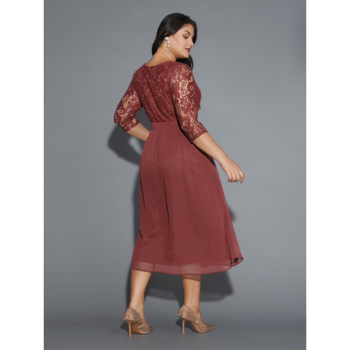 Plus Size Lace Patchwork Shirred Midi Pocket Dress Russet Women Cocktail Woven ribbon&lace trim Round Neck Elbow-length sleeve Curvy BloomChic 18-20/2X Product Image