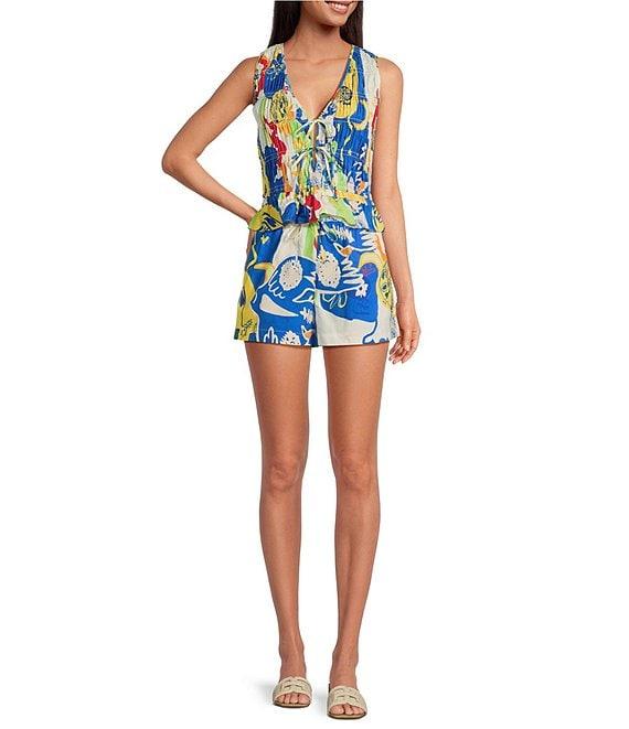 Chelsea & Violet Coordinating Natalie Printed Sleeveless V-Neckline Self Tie Smock Detail Front Blouse Product Image