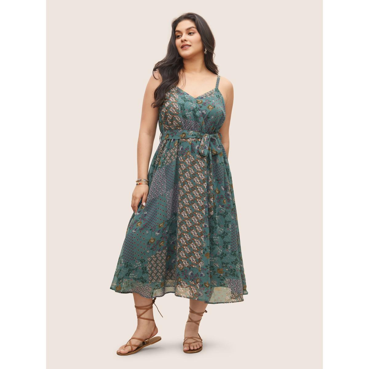 Plus Size Chiffon Boho Print Wrap Belted Cami Dress Emerald Women Elegant Non Spaghetti Strap Sleeveless Curvy Midi Dress BloomChic 18-20/2X Product Image