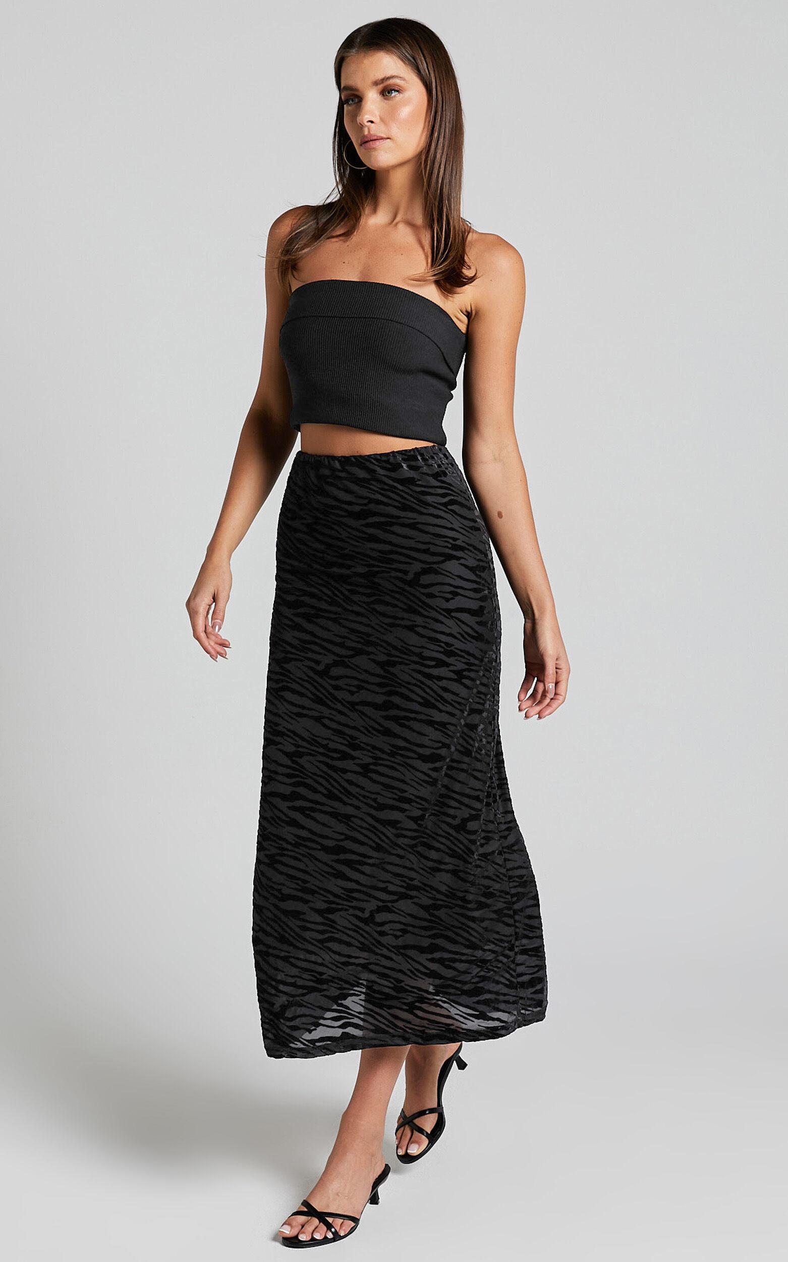 Frankie Midi Skirt - Burn Out Velvet High Waisted Slip Skirt in Black Product Image